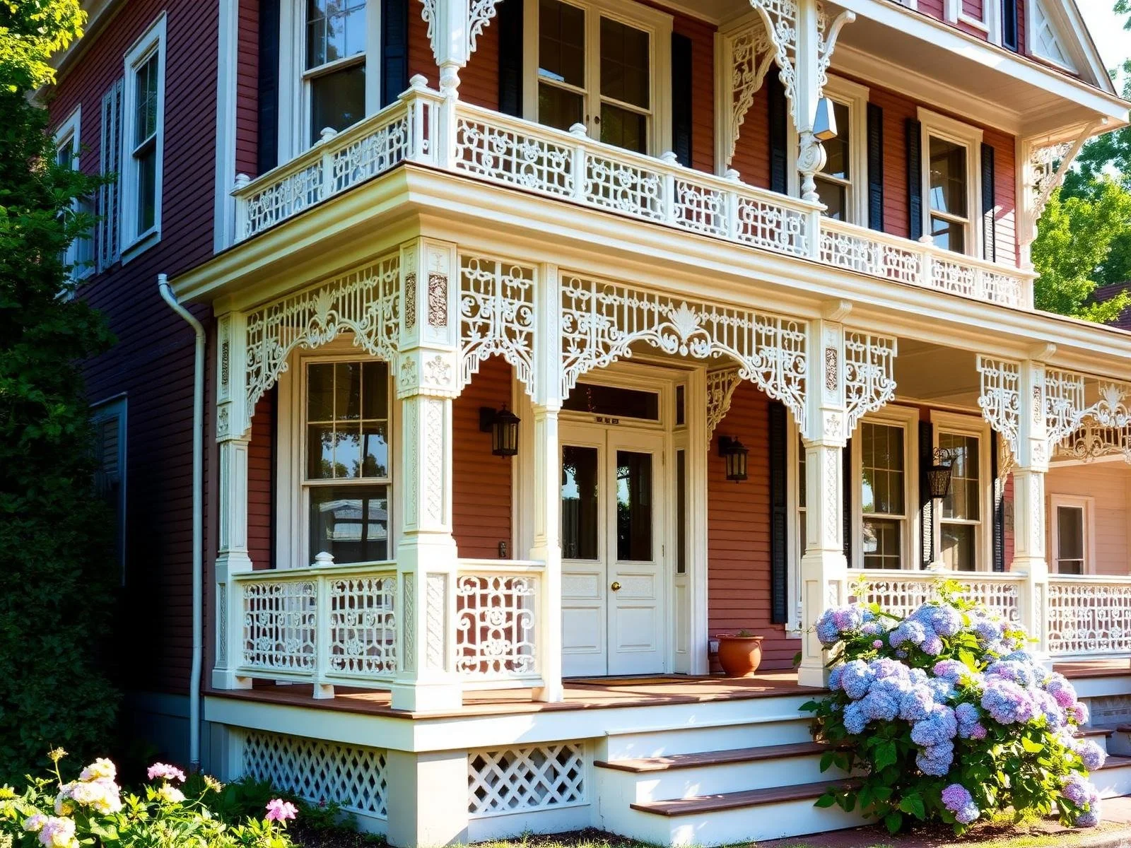 A Victorian-style house with intricate white wooden trim and a porch, painted in a reddish-brown color. The front door is white, and there are black shutters on the windows. A bush with large purple and white flowers is in front of the house.