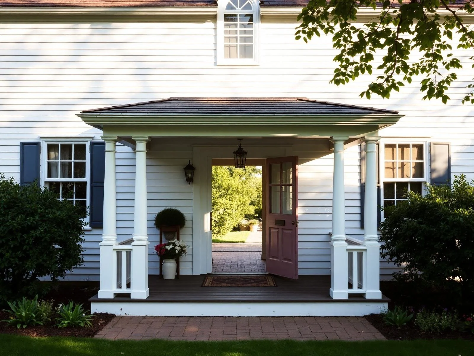 Front porch of a white house with columns, an open door, and potted plants, surrounded by greenery.
