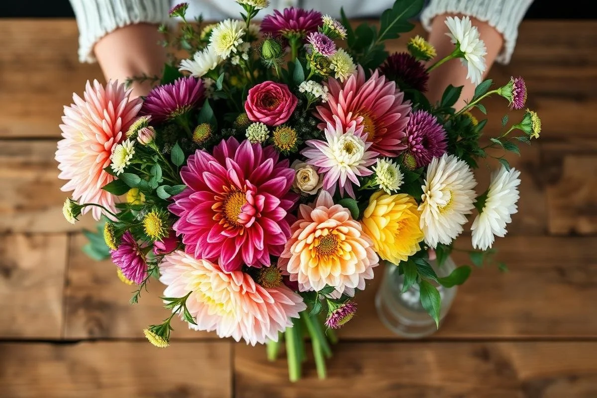 A colorful bouquet of various flowers including dahlias, roses, and daisies, being held over a wooden table.