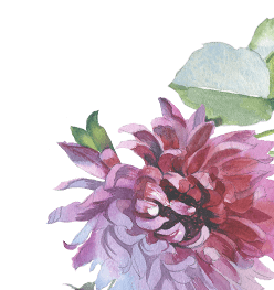 A watercolor painting of purple and pink flowers with green leaves on a black background.