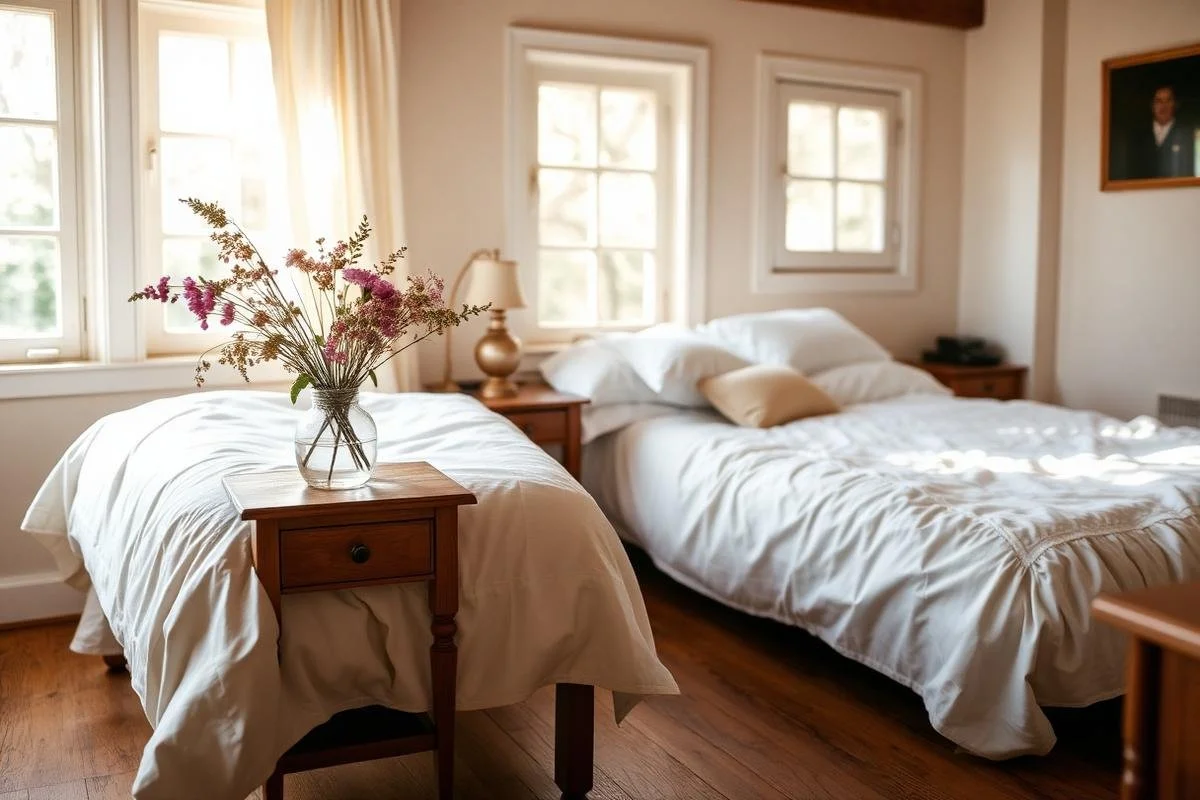 A cozy bedroom with two beds, a nightstand with a vase of flowers, and windows letting in natural light.