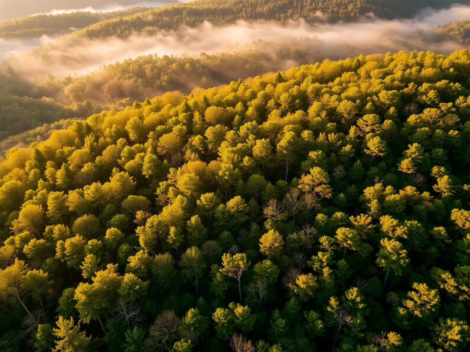 Aerial view of a lush green forest with yellow and green trees, fog hovering above the treetops, and rolling hills in the background at sunrise or sunset.