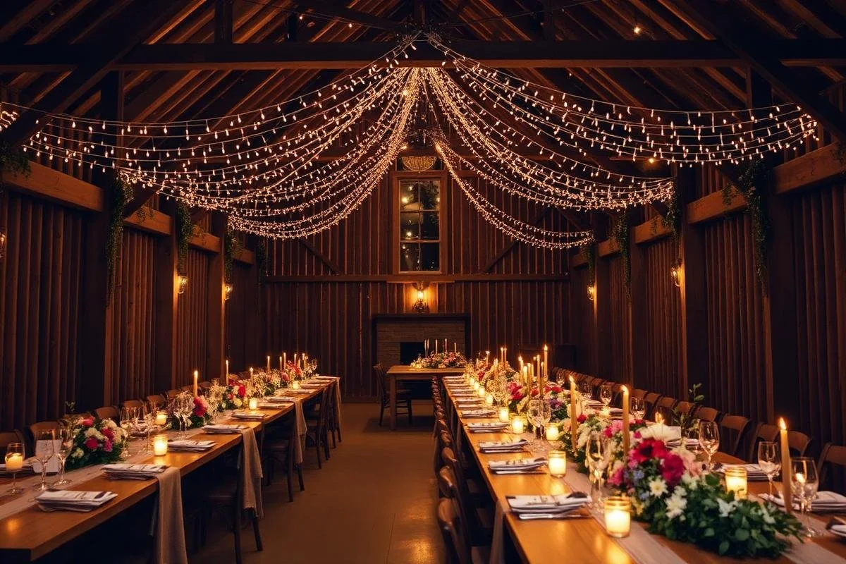 A warmly lit indoor event space with long banquet tables decorated with floral arrangements, candles, and place settings. The ceiling is draped with string lights, creating an elegant and cozy atmosphere.