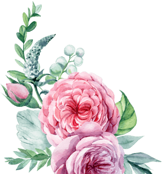 A watercolor painting of pink and purple flowers with green leaves.