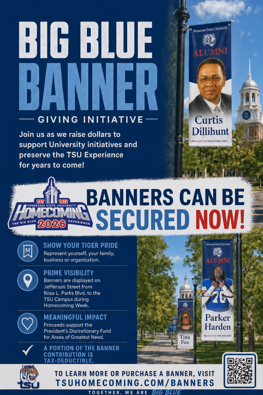 Big Blue Banner Giving Initiative with personalized banners displayed near the TSU campus