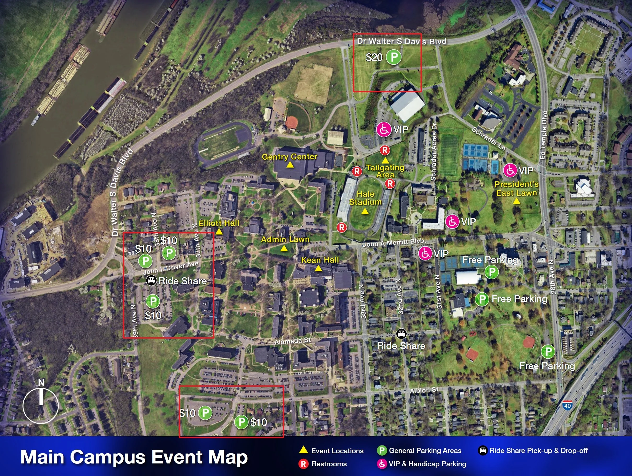Official paid parking lot map for Tennessee State University Homecoming