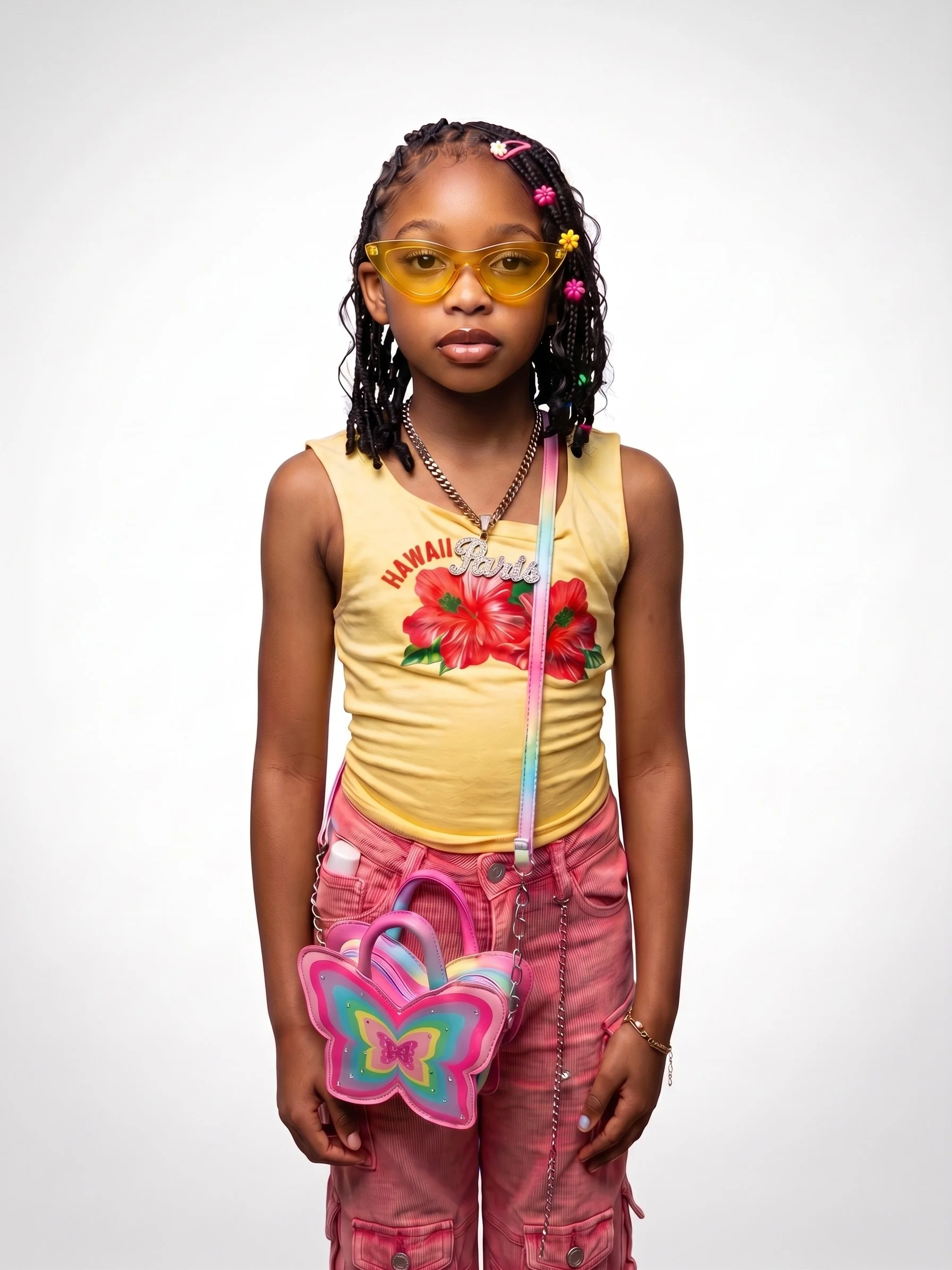 Young girl Princezz Paris with boho knotless bob braids, yellow sunglasses, flower-print top, and a butterfly bag.