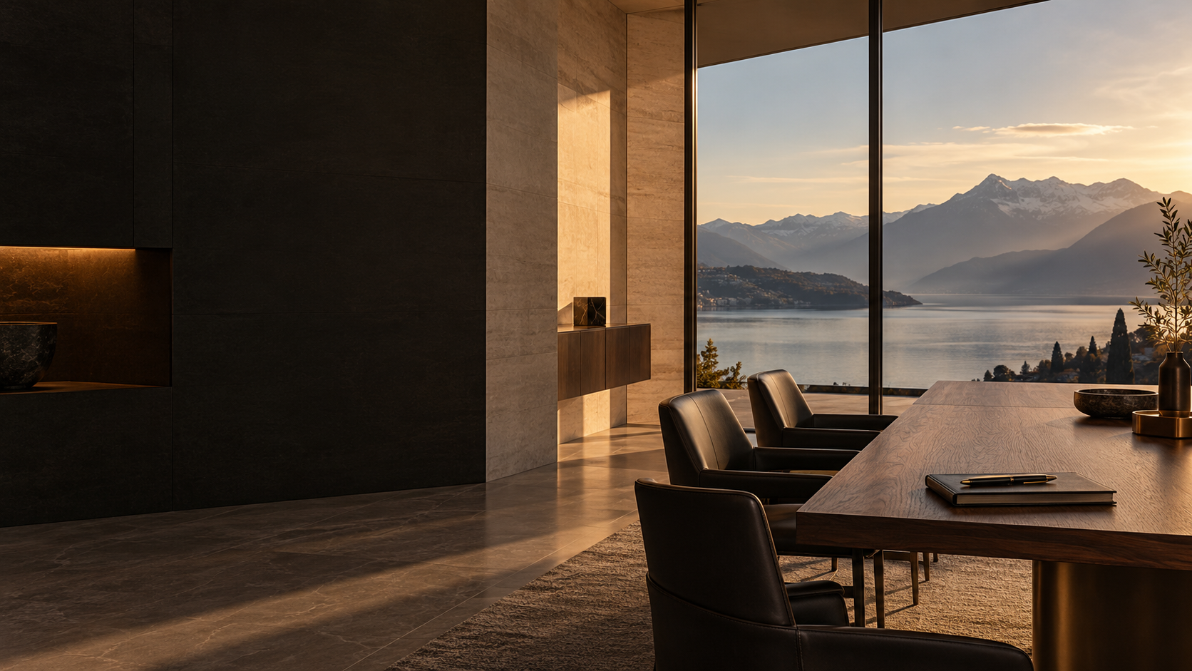 Illustrative advisory office with natural stone, wood and a view of an alpine lake.