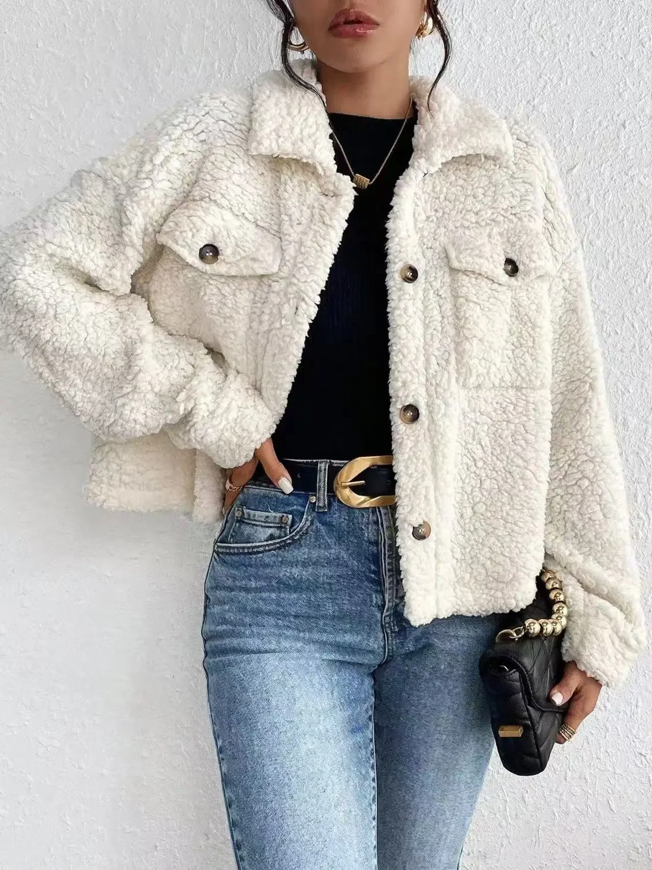 Collared Button Faux Fur Short Coat