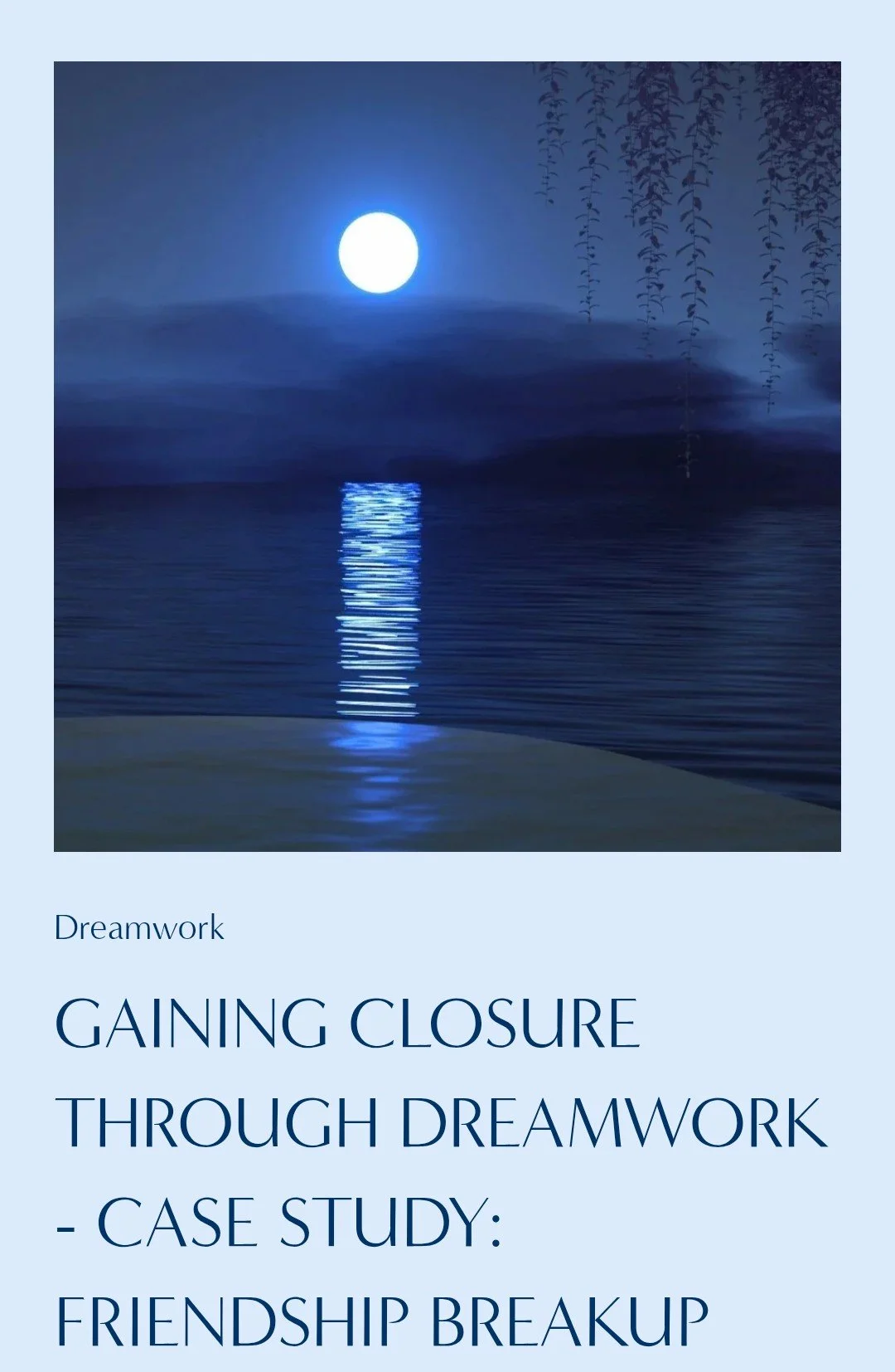 A nighttime scene with a full moon reflecting on a calm body of water, with silhouettes of hanging branches on the right side.