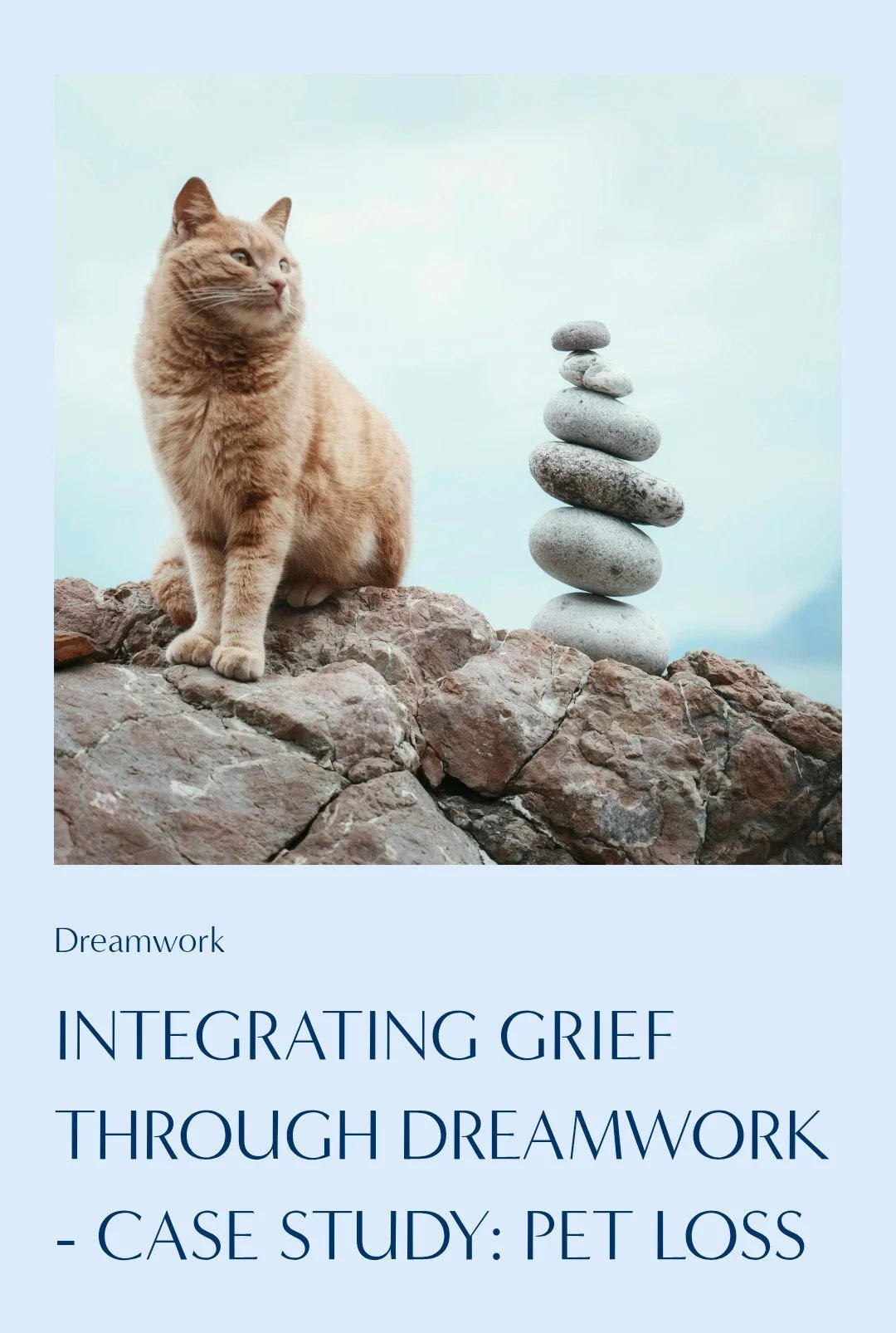 A cat sitting on rocks next to a stack of balanced stones, with a cloudy sky in the background.