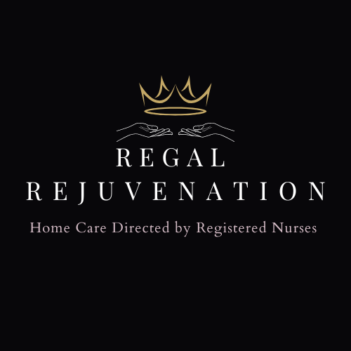 Logo for Regal Rejuvenation, a home care service directed by registered nurses, featuring a gold crown and two hands.