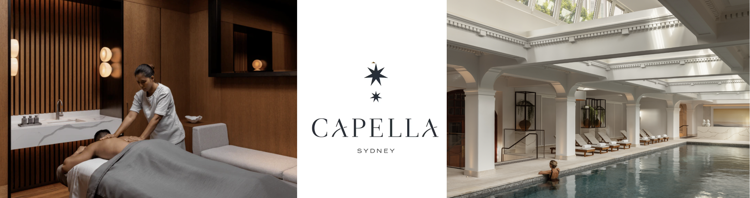 A woman receiving a massage in a spa room, with warm lighting, wooden decor, and a woman relaxing in a pool area with lounge chairs and a glass ceiling at Capella Sydney.