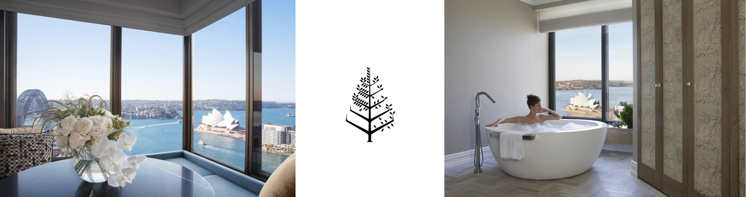 View of Sydney Harbour from an apartment, with an interior featuring a floral centerpiece on a table and a woman relaxing in a bathtub near a large window showing the Sydney Opera House and Harbour Bridge.