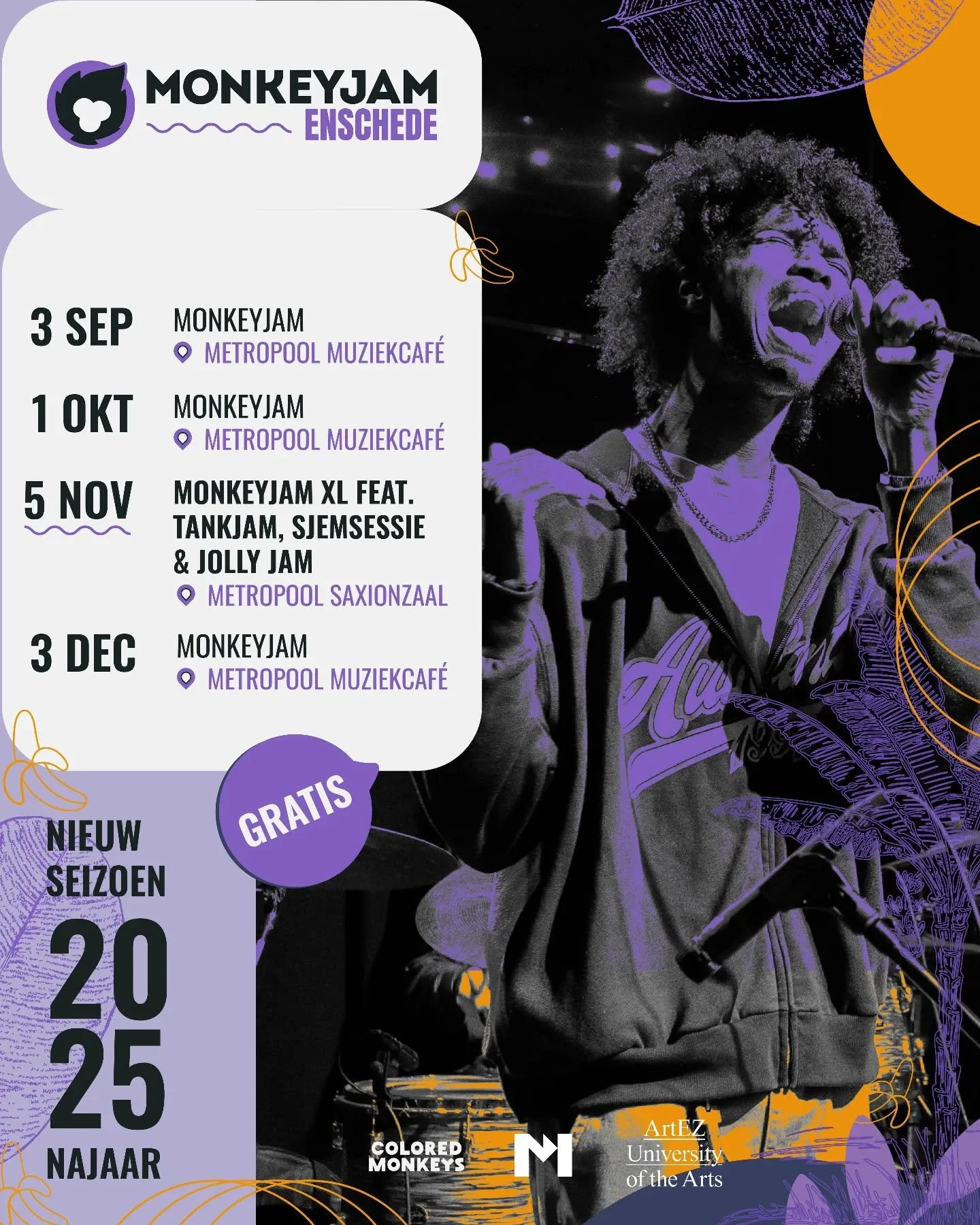 Het nieuwe seizoen van MonkeyJam Enschede gaat weer van start! 🐒🎶
Vanaf 3 september iedere eerste woensdag van de maand in het Metropool Muziekcaf&eacute; (en in november een extra dikke editie i.s.m @tankstati0n, @desjemsessies_ , @thejollyjugensc