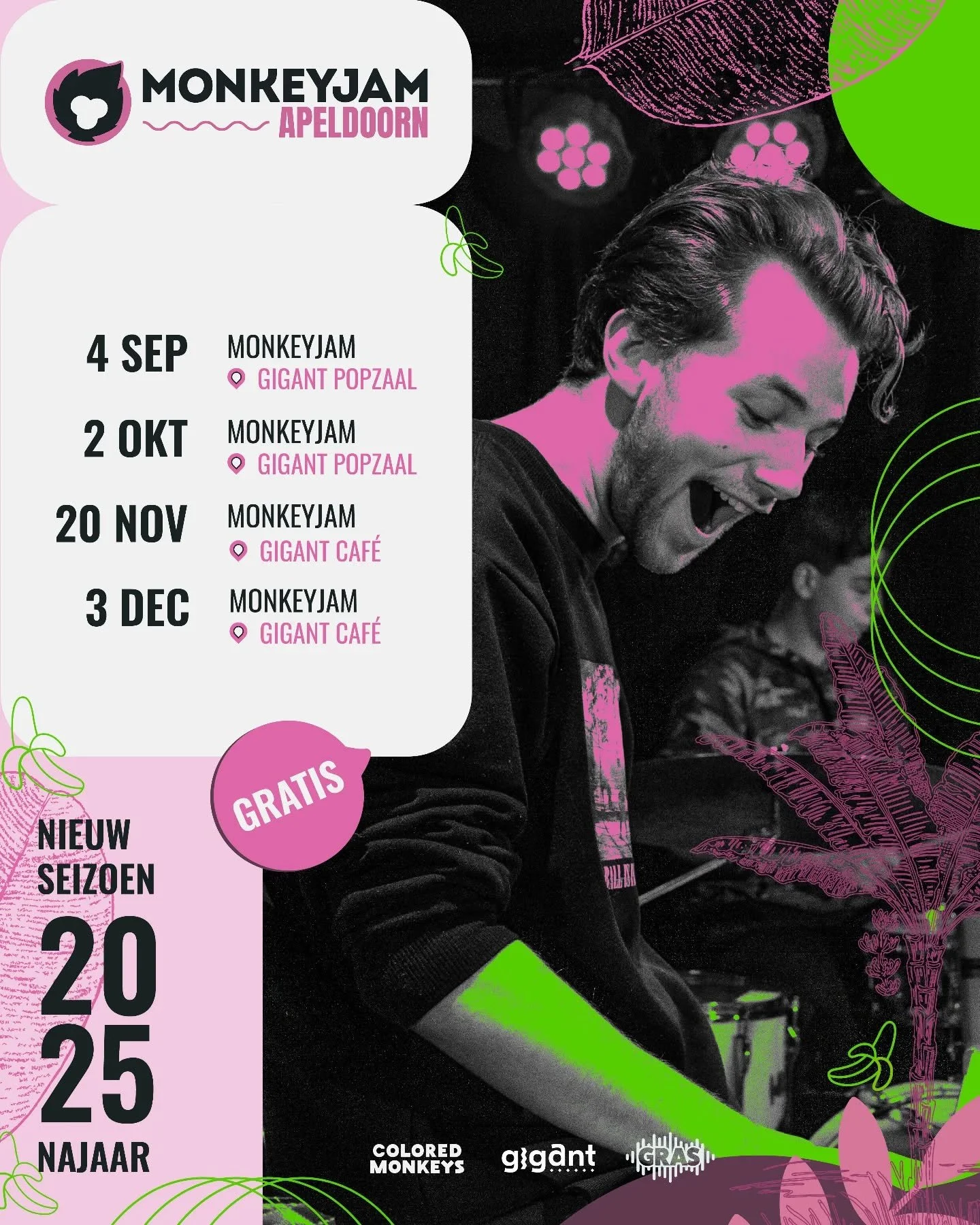 Het nieuwe MonkeyJam seizoen in Apeldoorn staat klaar om van start te gaan! 🐒🎶
Vanaf 4 september zijn we weer terug in Gigant &ndash; eerst in de Popzaal, later in het seizoen weer in het Caf&eacute;.

✅ Gratis toegang
✅ Geen covers &ndash; alleen 