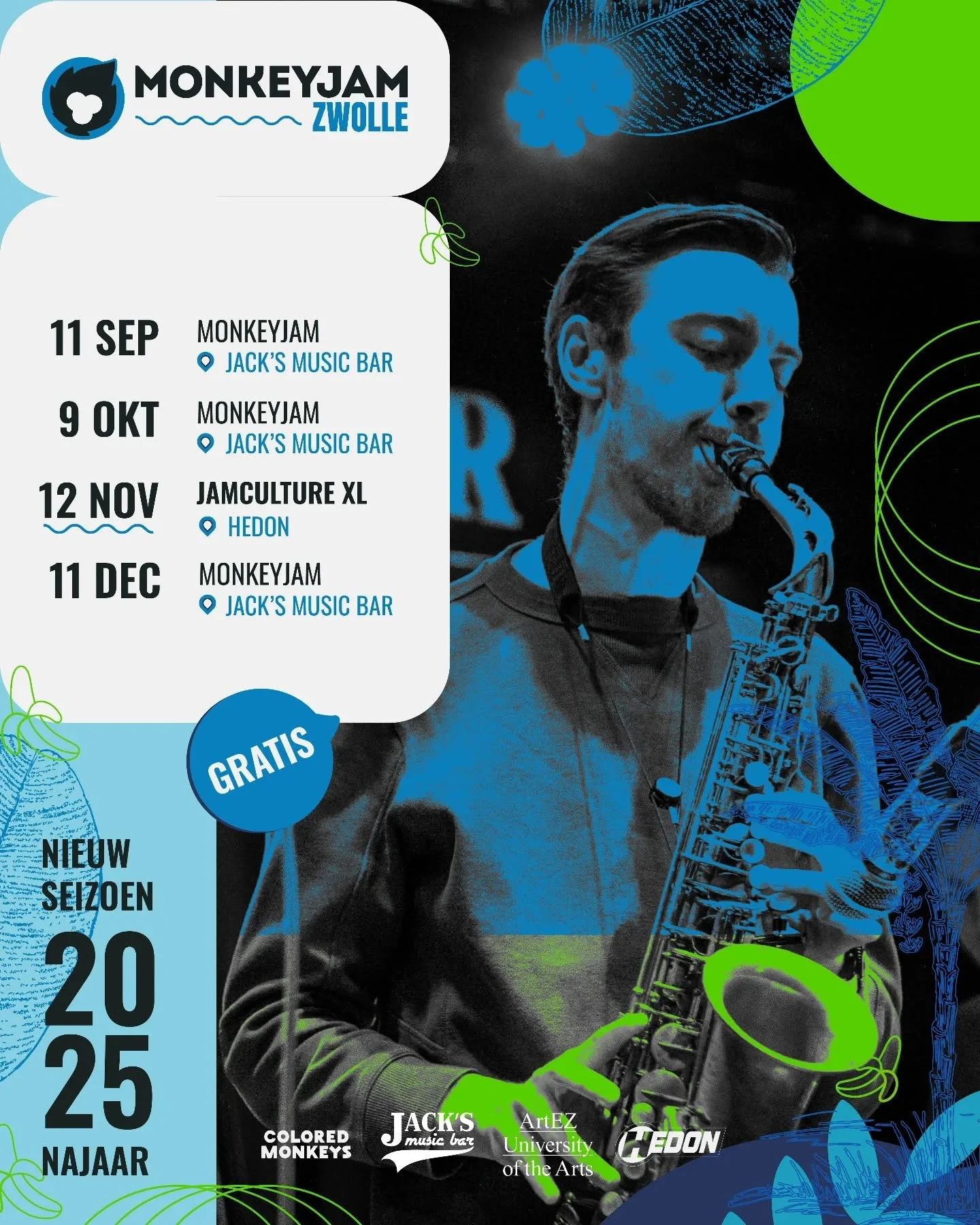 Het nieuwe MonkeyJam seizoen in Zwolle komt eraan! 🐒🎶
Vanaf 11 september zijn we weer terug in Jack&rsquo;s Music Bar met een nieuwe reeks improvisatiesessies. In november pakken we extra groot uit met Jamculture XL in Hedon!

✅ Gratis toegang
✅ Ge