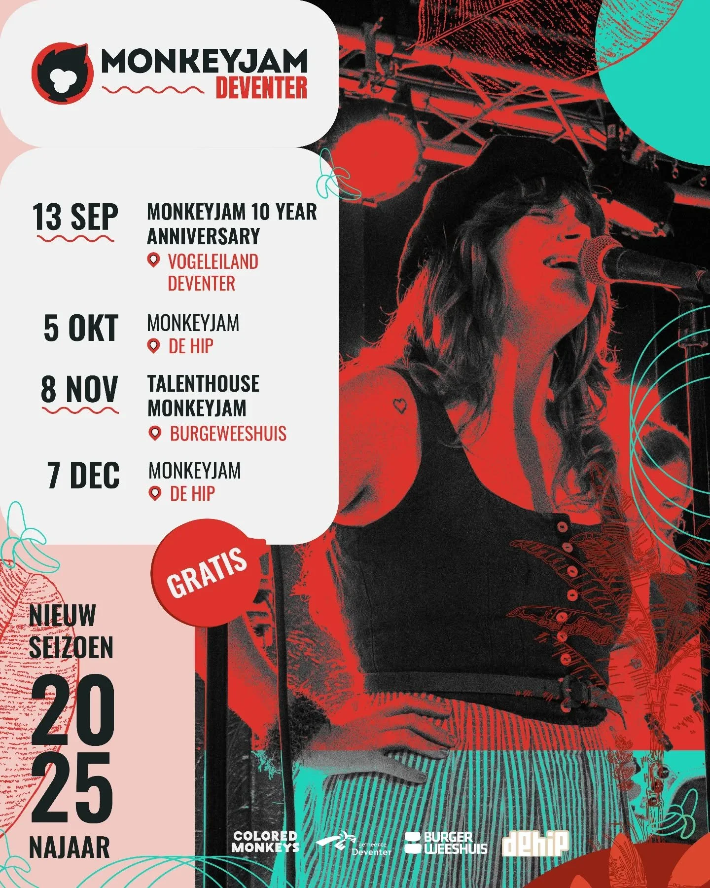 Het nieuwe MonkeyJam seizoen in Deventer staat voor de deur! 🐒🎶
We starten op 13 september met een speciale editie op Vogeleiland ter ere van 10 jaar MonkeyJam &ndash; en daarna keren we terug naar De Hip en het Burgerweeshuis voor een heerlijke re