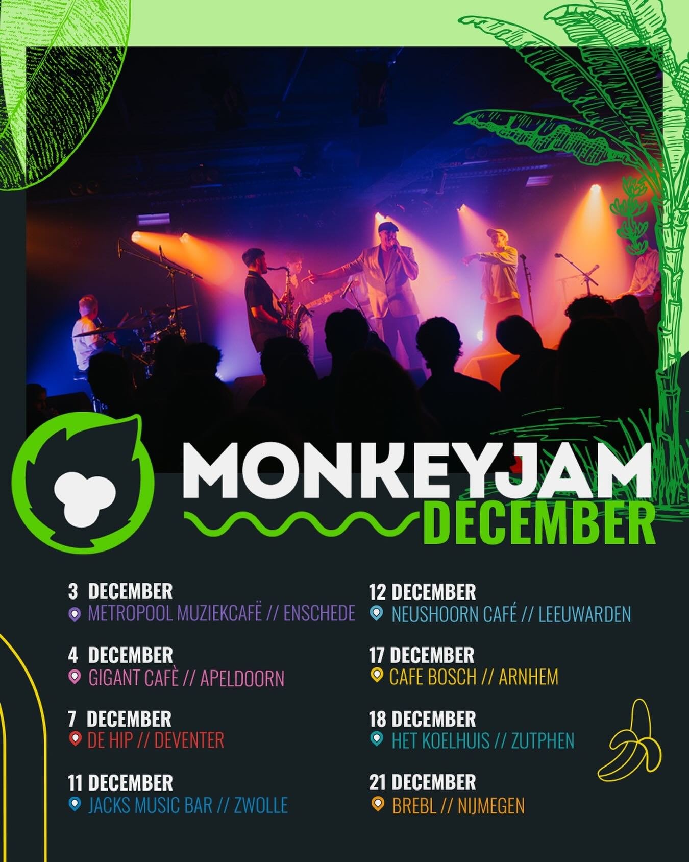 MONKEYJAM DECEMBER!🎄

Deze maand staat het weer vol met veel MonkeyJams! 

December, de laatste maand van het jaar, 
staat in het teken van kerst en gezelligheid met familie en vrienden. 🧑&zwj;🎄
Neem je familie en vrienden mee naar de jams en laat
