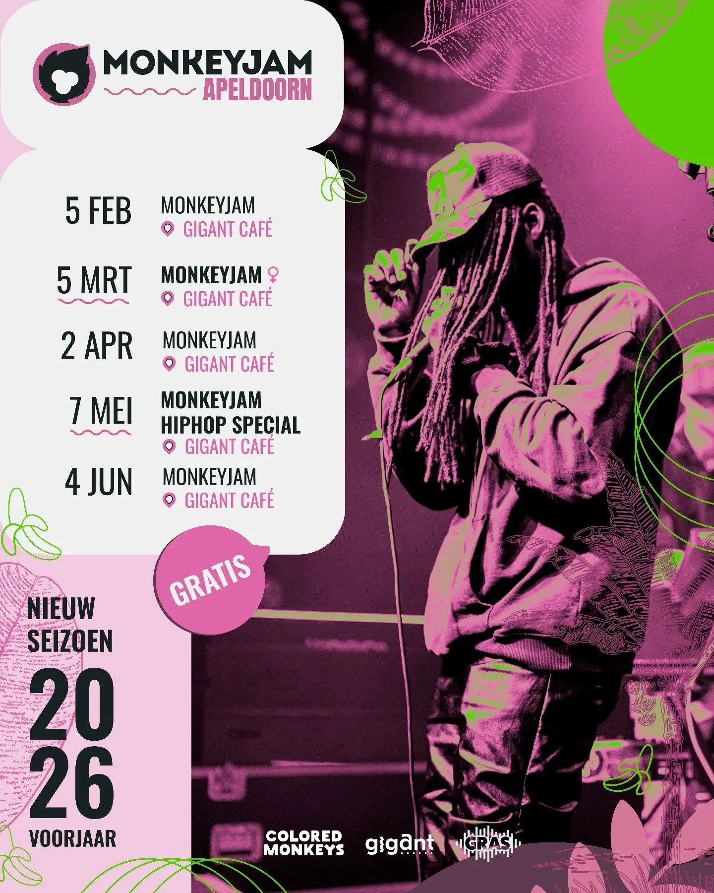 🐒🎶 MONKEYJAM APELDOORN &ndash; NIEUW SEIZOEN 🎶🐒

Gigant Caf&eacute; wordt weer onze muzikale apenkooi! Verwacht aapachtige jams, spontane composities en verrassende samenwerkingen&mdash;covers verboden. Check de data:

5 feb &mdash; MonkeyJam
5 m