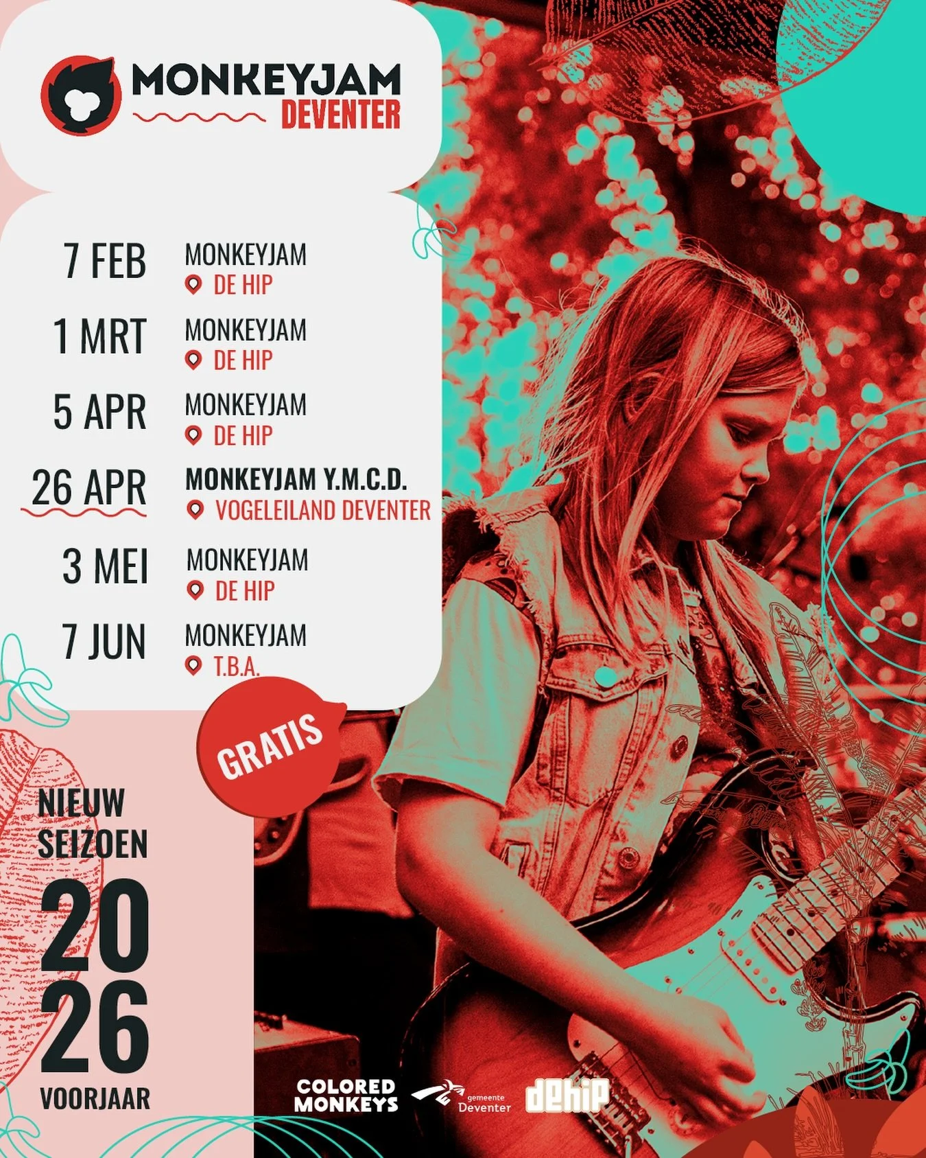 🐒🎶 MONKEYJAM DEVENTER &ndash; NIEUW SEIZOEN 🎶🐒

Vanaf 7 februari wordt de Hip weer onze muzikale apenkooi! Maar we hebben ook een aantal bijzondere sessies en aapachtige verassingen voor jullie gepland!&mdash;covers verboden. 

Check de data:
7 f