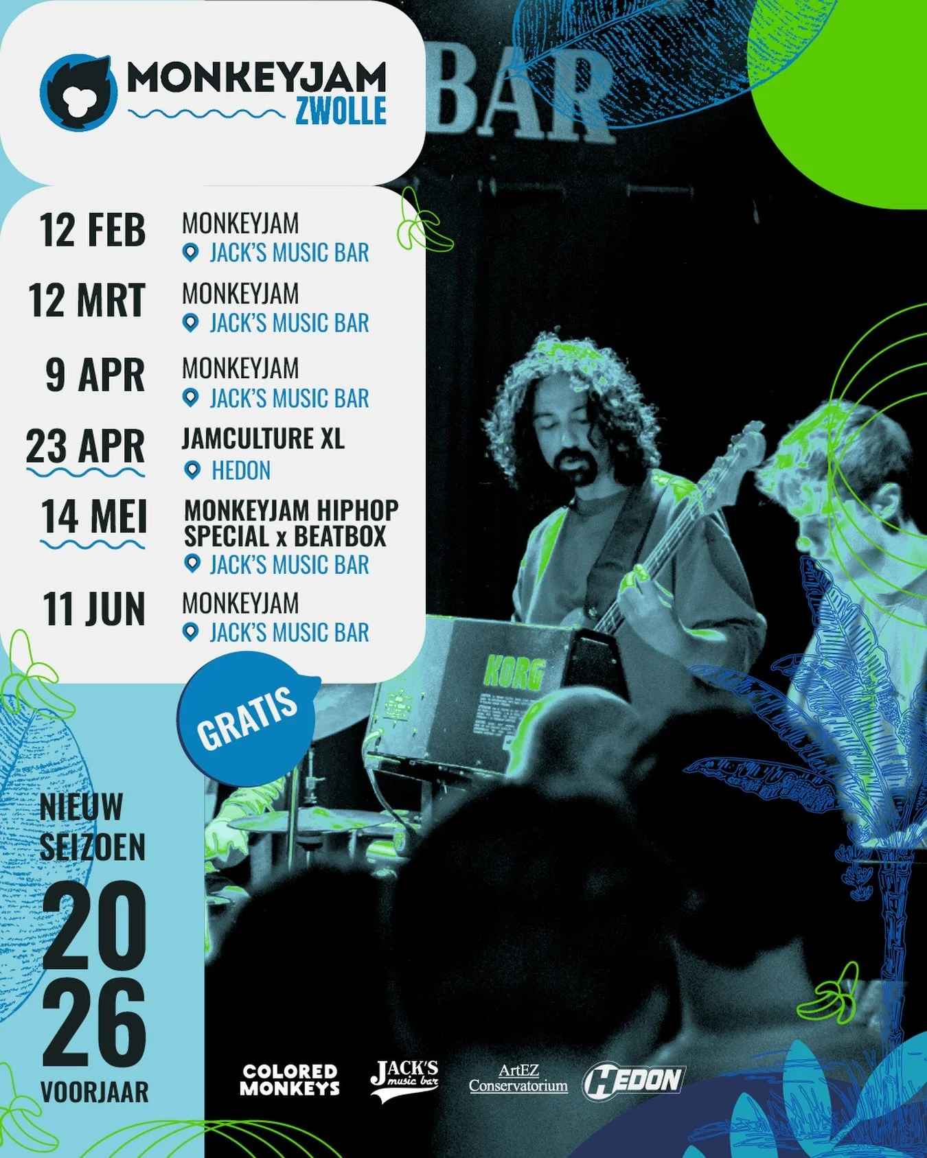 🐒 MonkeyJam Zwolle &ndash; voorjaar 2026 🎶
Zwolle, we zijn terug bij Jack&rsquo;s Music Bar! 

Ook dit voorjaar staat MonkeyJam weer garant voor spontane jams, apestreken en verrassende samenwerkingen. Met dit seizoen twee toffe specials om bij sti