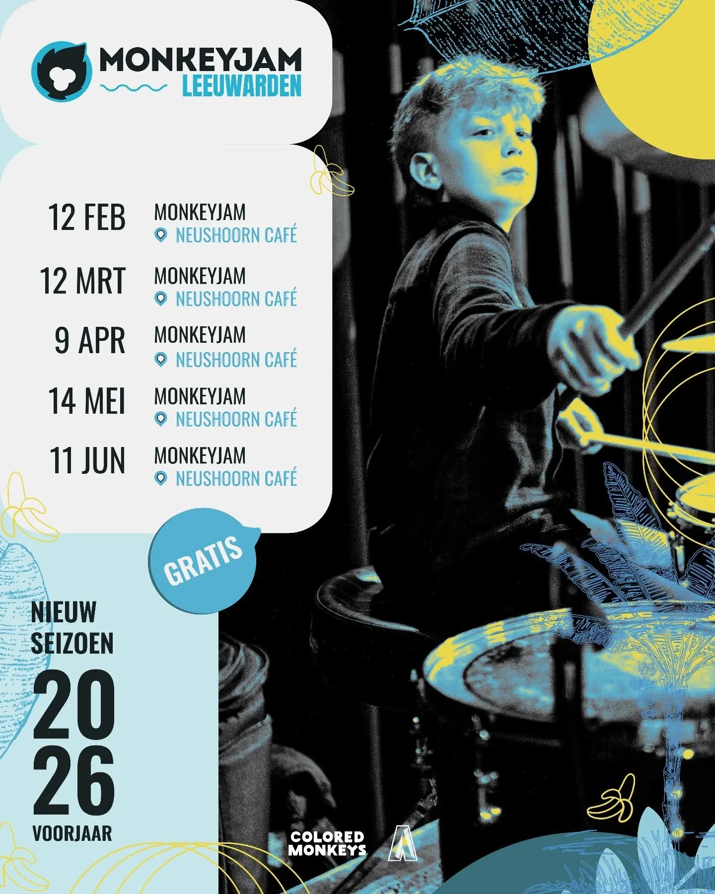 🐒 MonkeyJam Leeuwarden &ndash; voorjaar 2026 🎶
Leeuwarden, we gaan weer los in Neushoorn Caf&eacute;!

Ook dit voorjaar duiken we samen de MonkeyJam-bubbel in: open jams, onverwachte wendingen en aapachtige grooves die ter plekke ontstaan. Geen vas