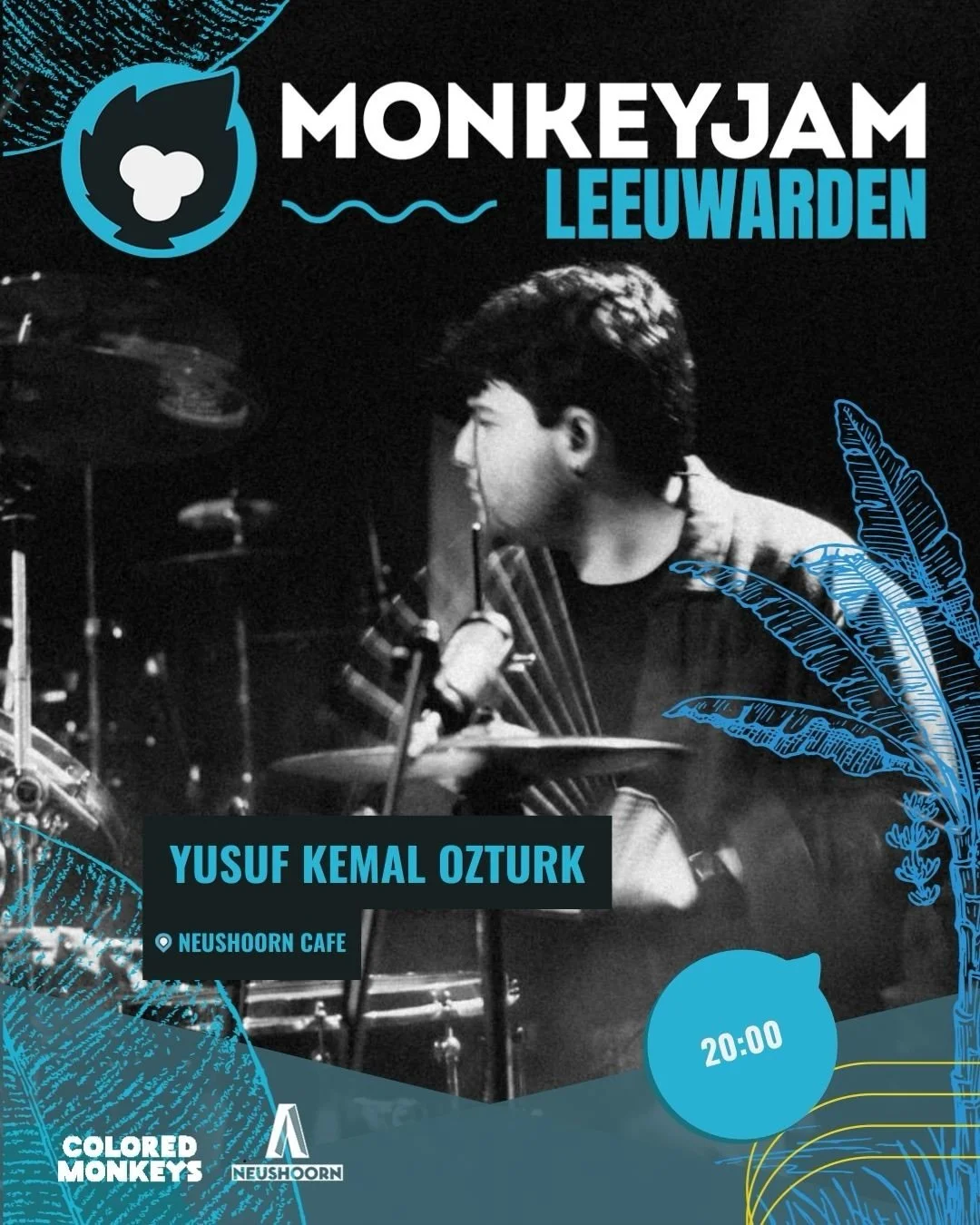 🎶🐵Huisband MonkeyJam Leeuwarden - 12 Maart🎶

Morgen is het weer zover en gaan we jammen in Neushoorn caf&eacute; in Leeuwarden. Maak vandaag alvast kennis met de fantastische huisband: 
 🎹 Yusuf Kemal Ozturk @yusuf.kemal.ozturk 
🥁 Ruben Spoolder
