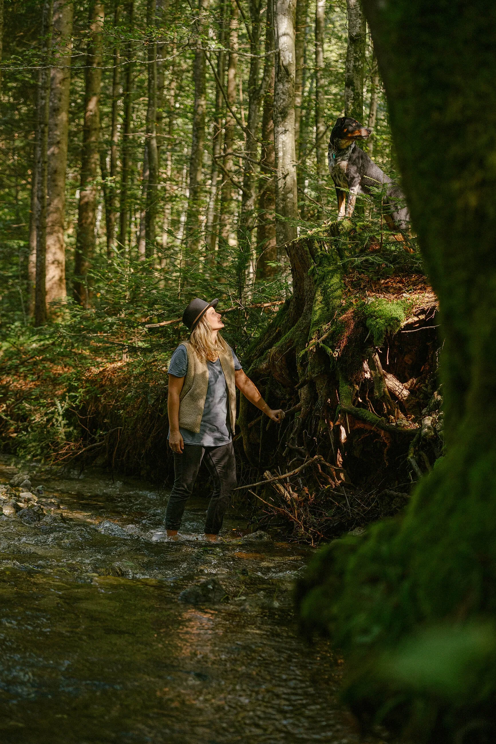 Mensch und Hund verweilen gemeinsam am Ufer eines plaetschernden Baches – Achtsamkeit im Moment.