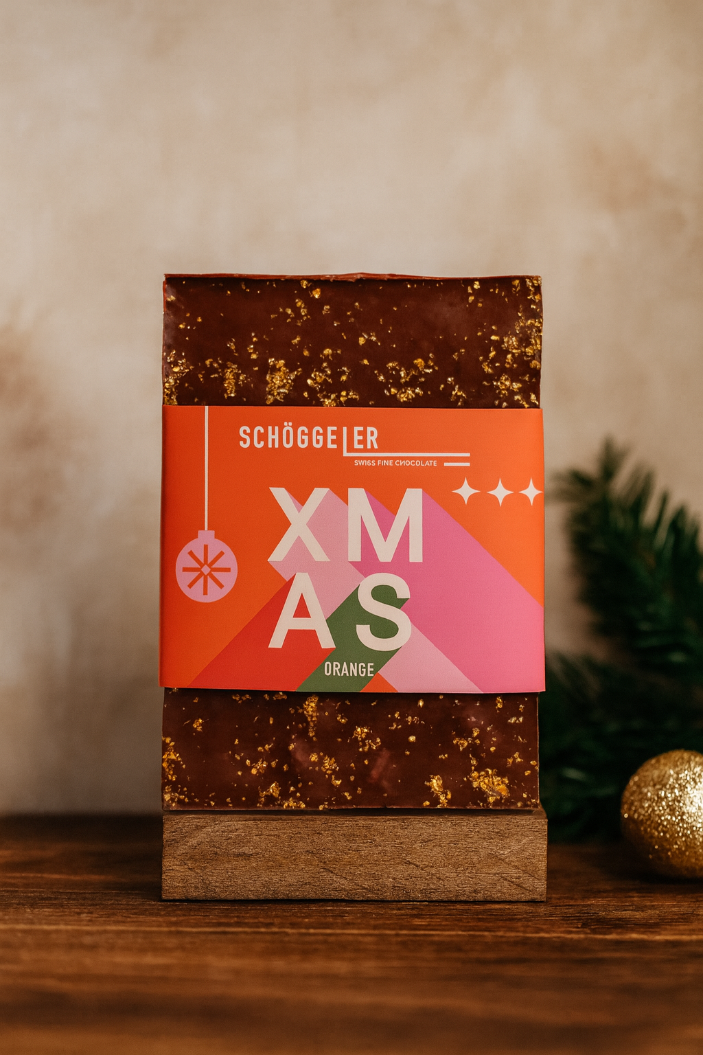 Schokolade mit Weihnachtsdesign, orangefarbene Verpackung, Weihnachtsbaum im Hintergrund, goldener Weihnachtskugel rechts, auf Holzuntergrund