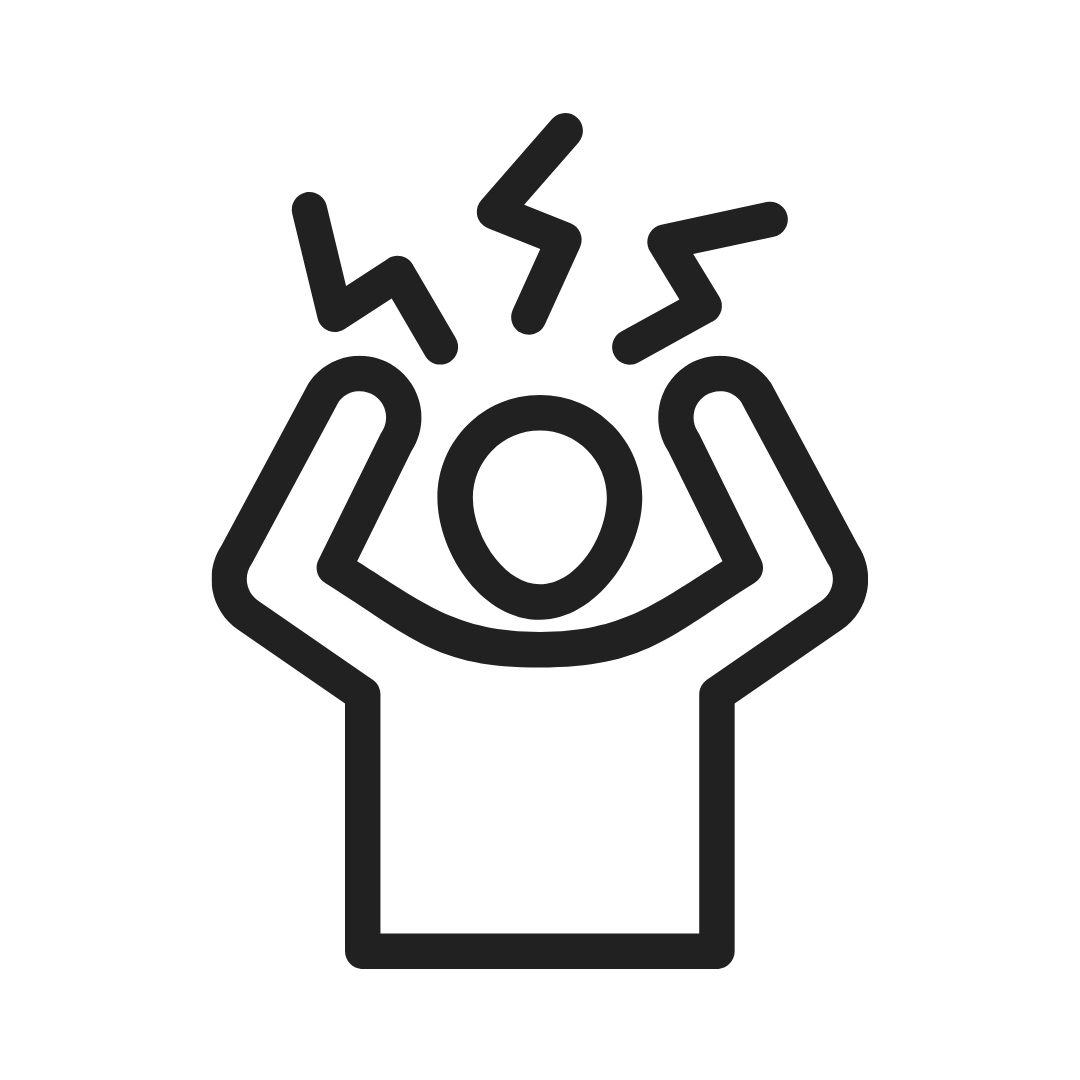 A line drawing of a person has their arms raised above their head and lightening above them - they seem angry