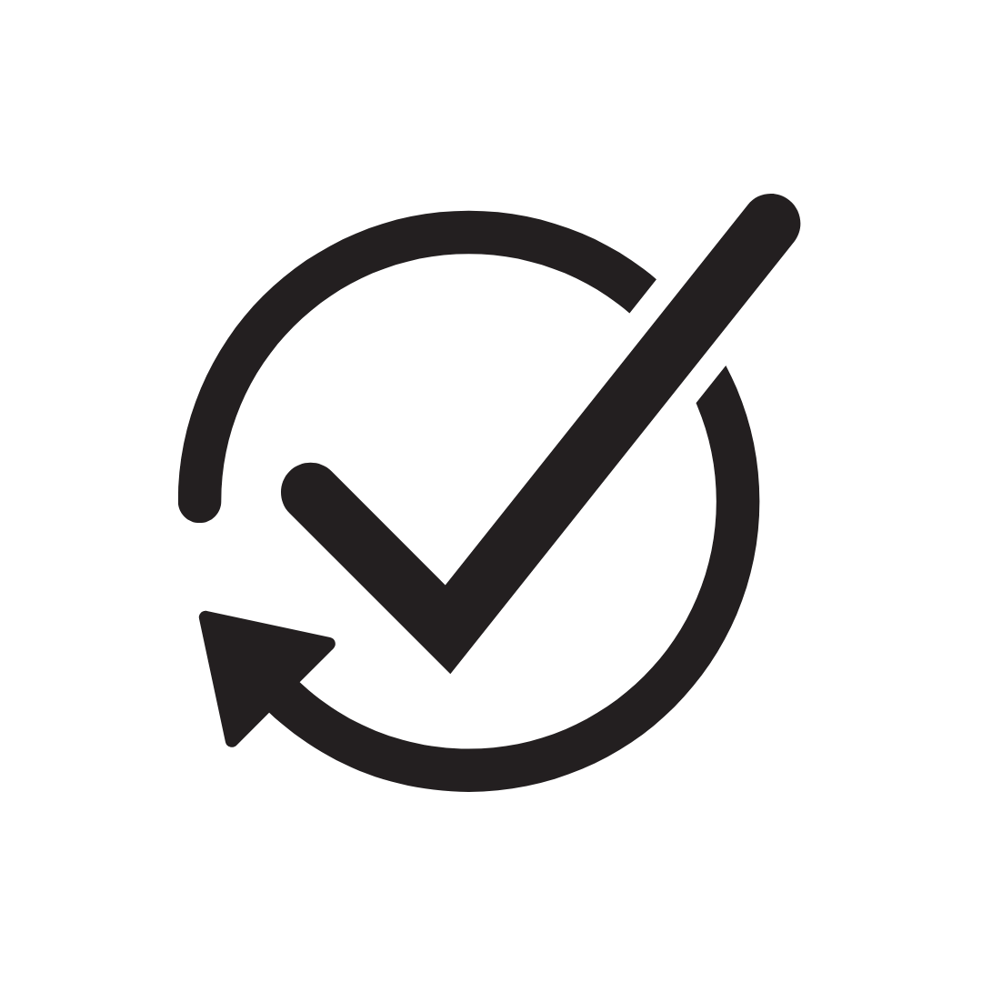 A circular arrow goes around a tick