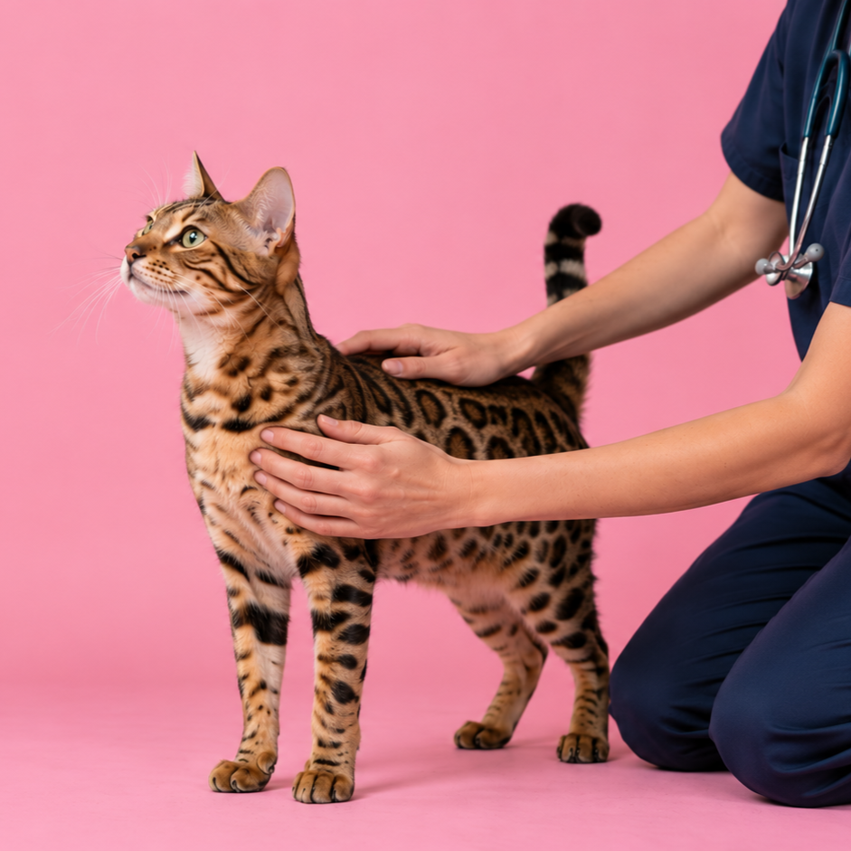 En person i veterinärkläder undersöker en bengal katt mot en rosa bakgrund.
