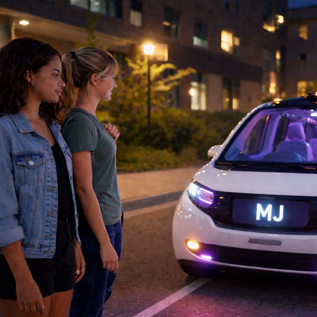 The vehicle arrives at dorm entrance and Maya and her roommate board.