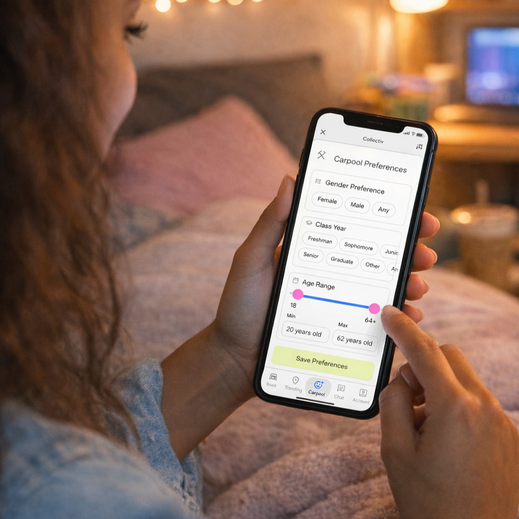 She books a ride and enables the carpool feature, selecting filters for the types of students she’d like to ride with.