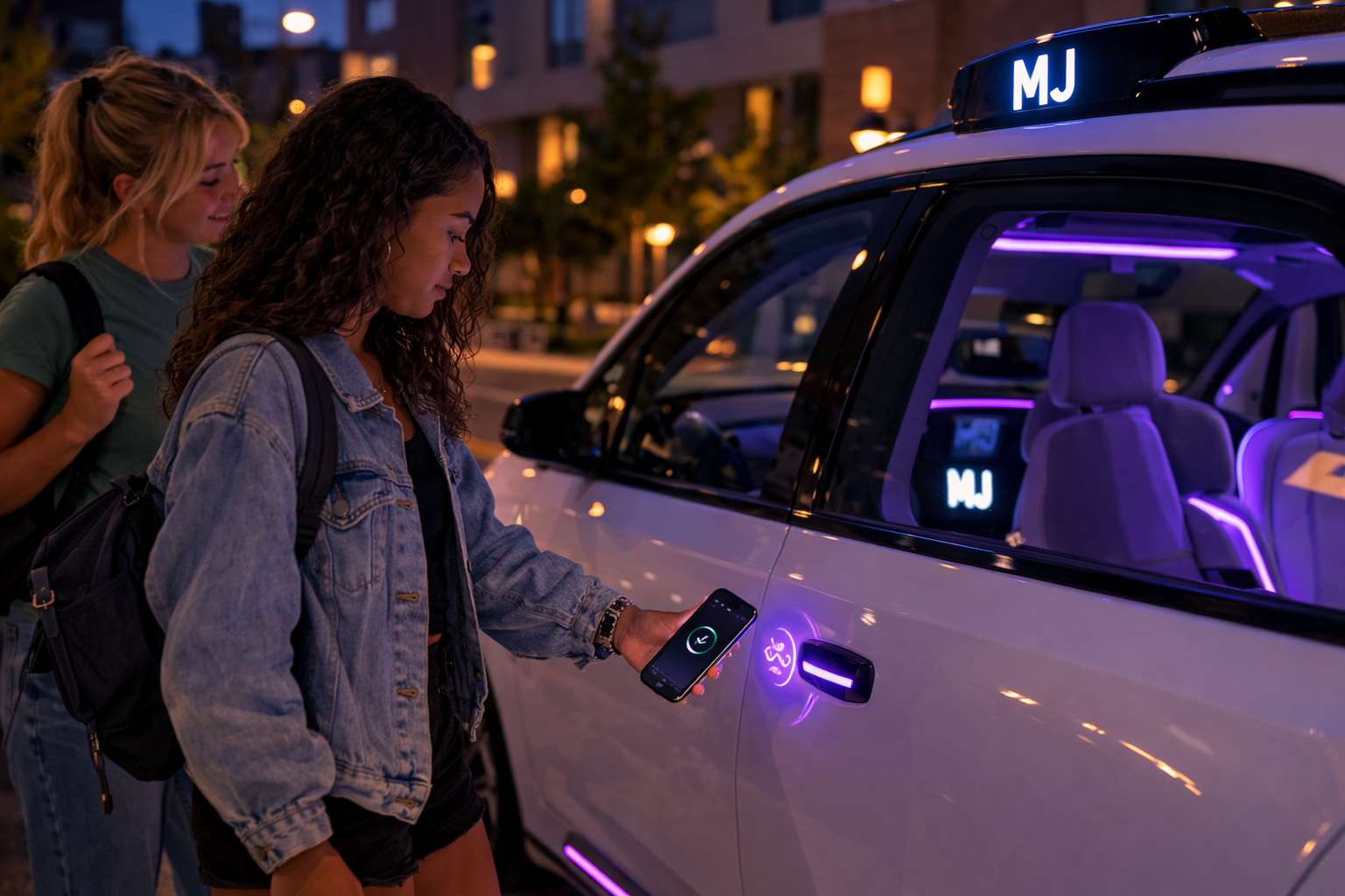 Maya uses the app to unlock the car, a safety feature enabled in the app.