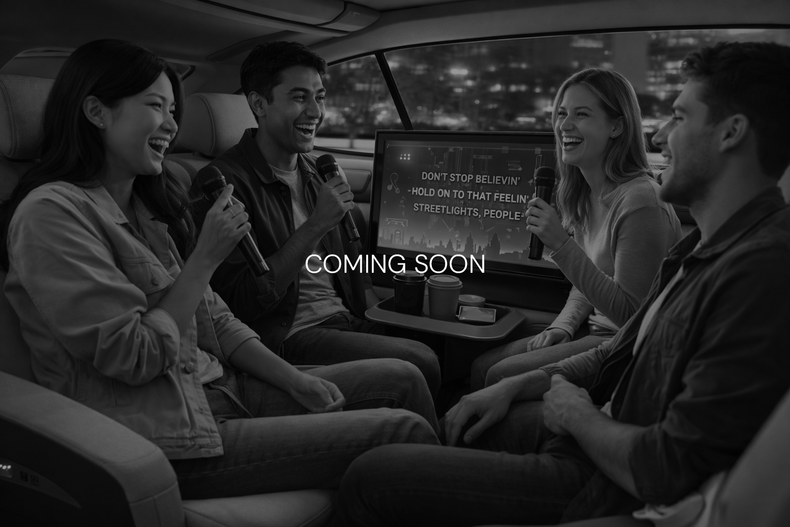 Five young adults sitting in the back of a vehicle with a city view outside the windows, holding microphones and singing together, with a screen displaying lyrics and the words 'Coming Soon' overlayed.