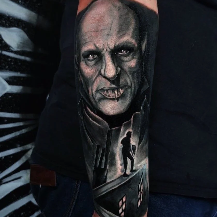Dark realism tattoo of Nosferatu done on a lower arm