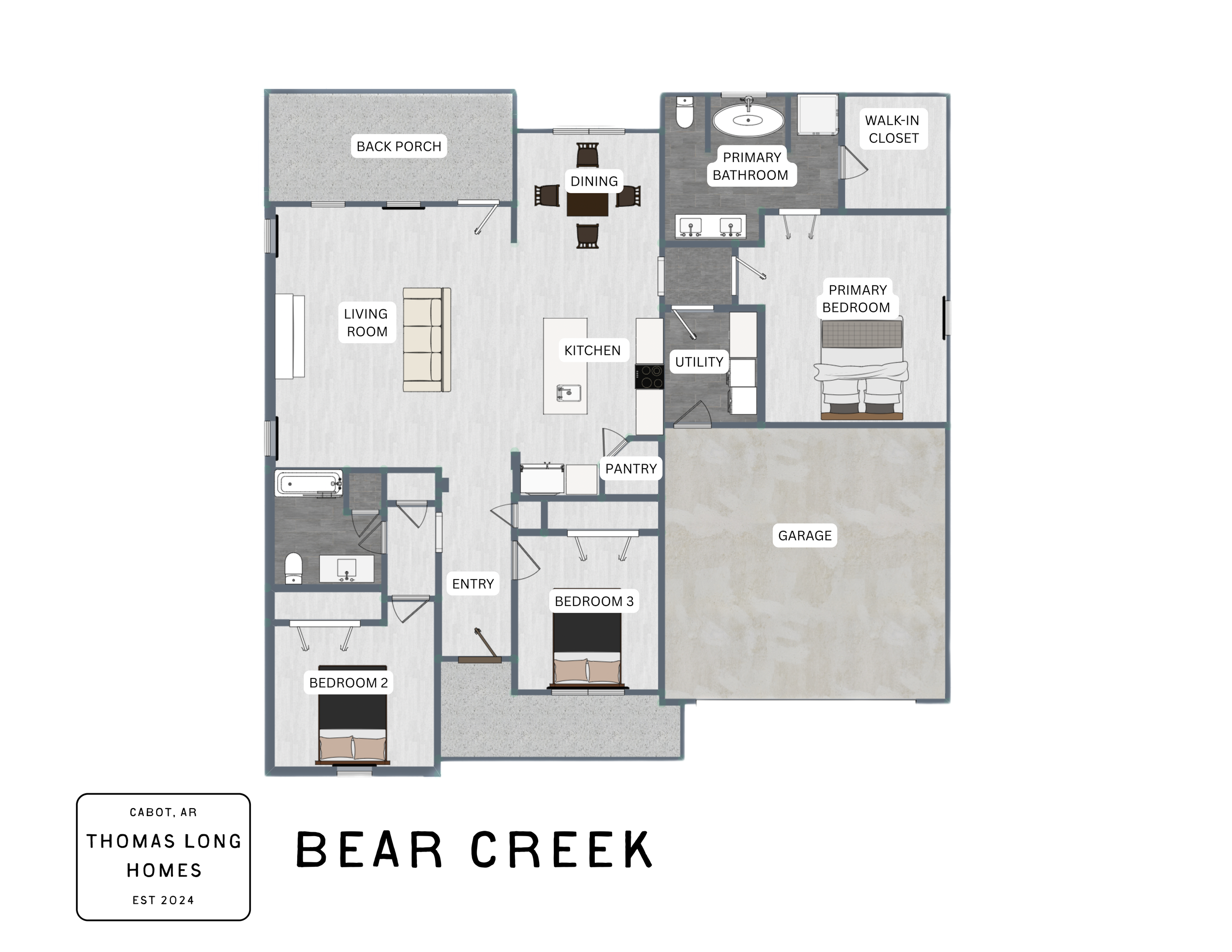 Floor plan of a house named Bear Creek, showing rooms including a living room, kitchen, dining area, back porch, primary bedroom with walk-in closet, primary bathroom, bedroom 2, bedroom 3, utility room, pantry, garage, and an entry.