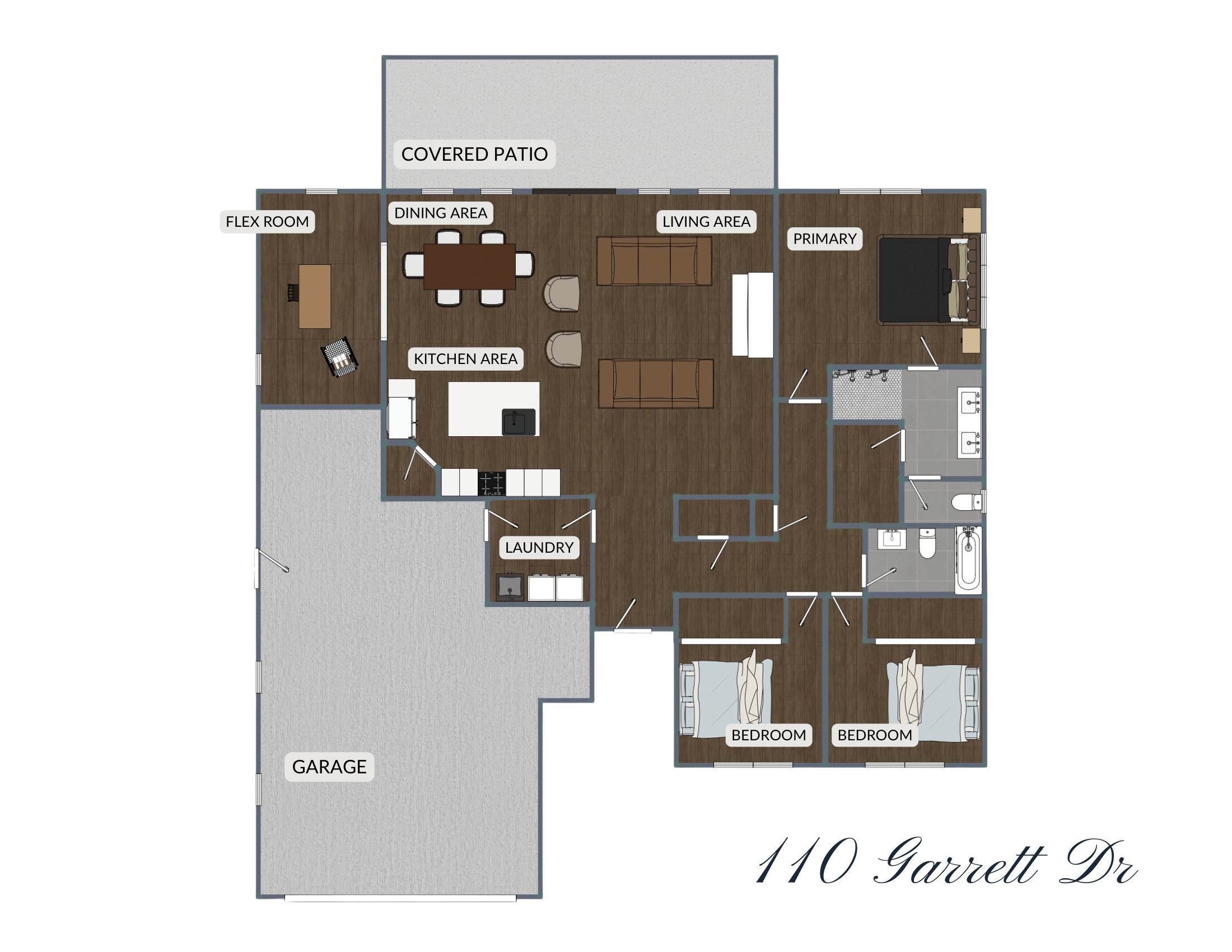 Floor plan of a house with labeled rooms including a garage, laundry, kitchen, dining, living area, primary bedroom, two additional bedrooms, two bathrooms, a flex room, and a covered patio. Available to build in Cabot, Arkansas.