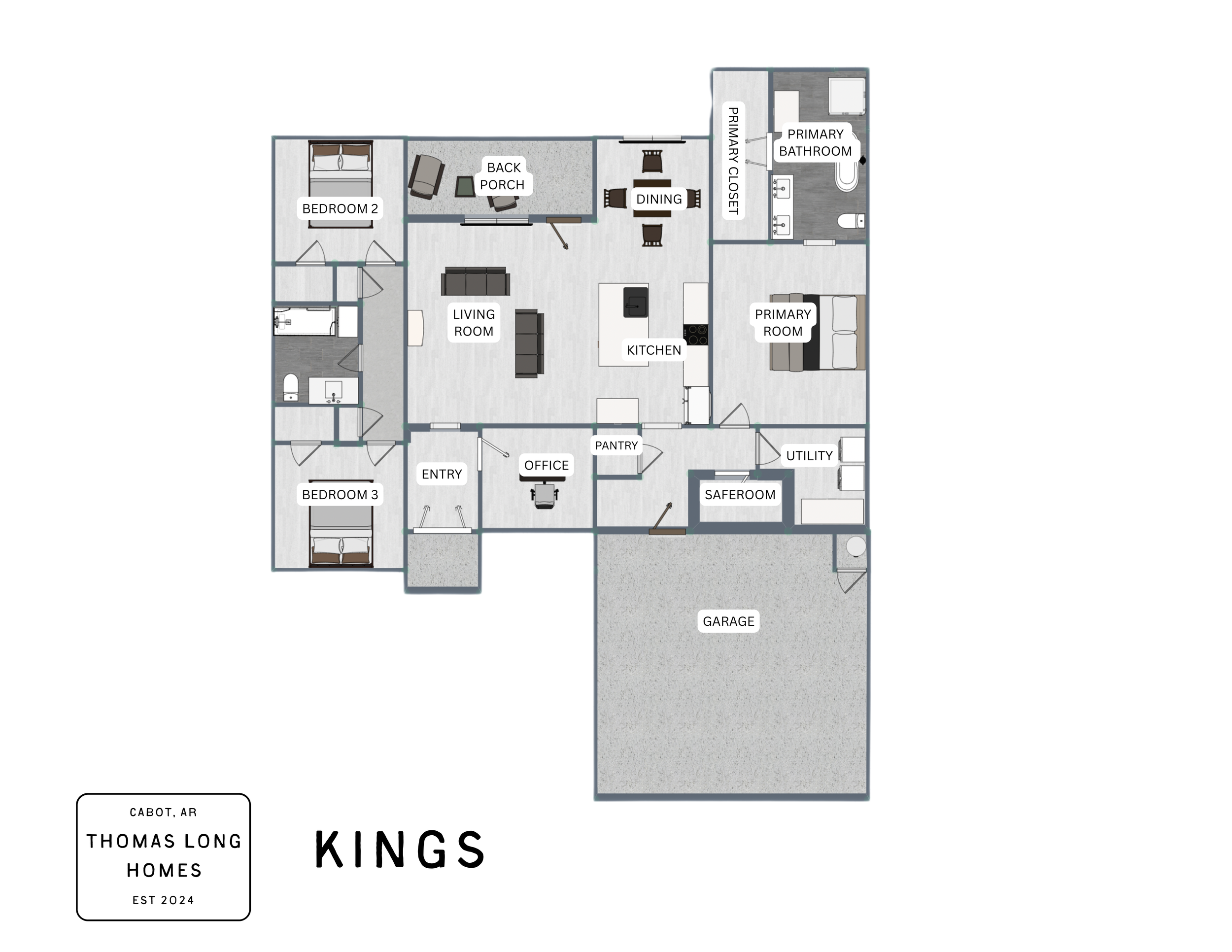 Floor plan of a single-story house with labeled rooms including two bedrooms, a primary bedroom, an office, living room, kitchen, dining area, pantry, two bathrooms, a utility room, a safe room, a garage, and outdoor rear porch.