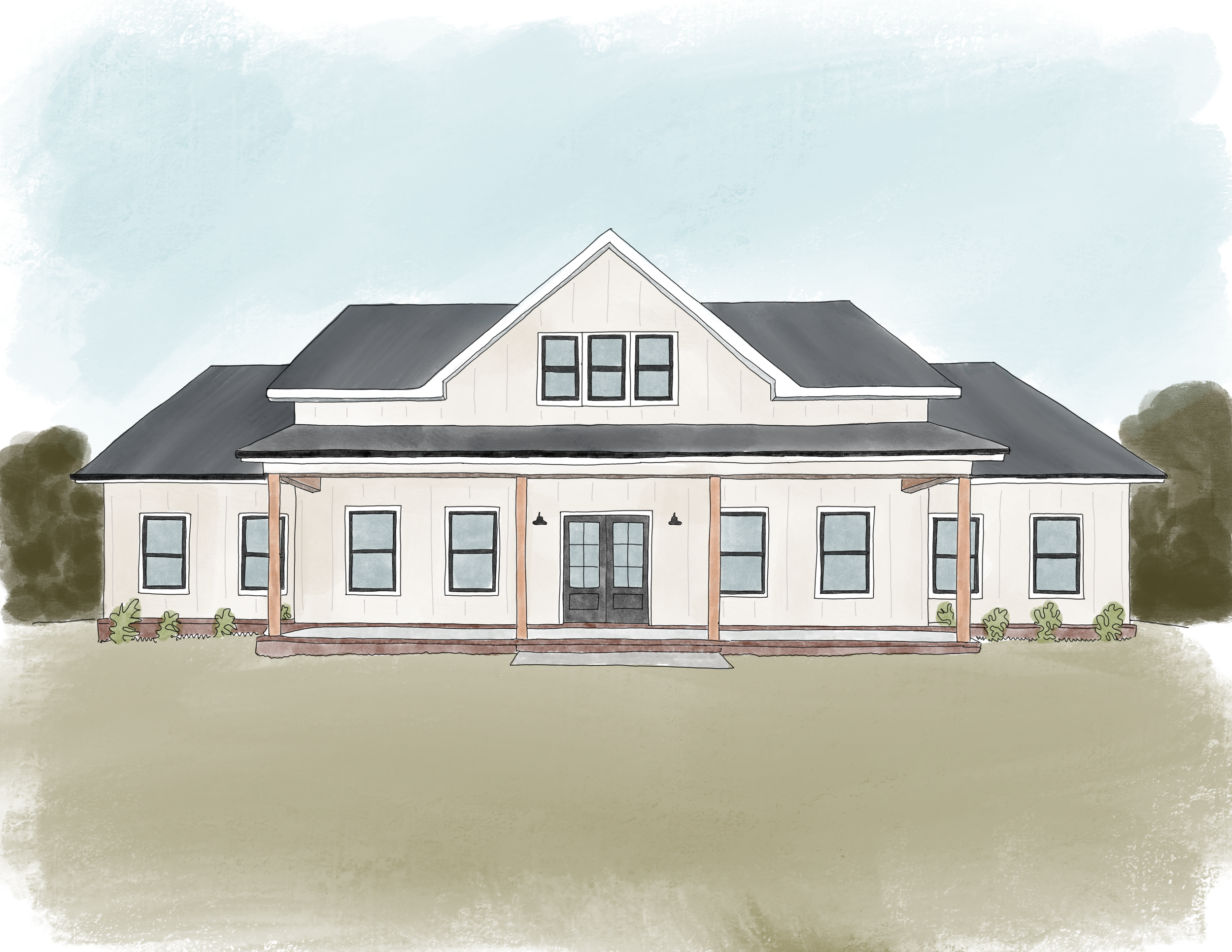 Illustration of a modern farmhouse with white siding, black roof, and front porch with wooden posts, surrounded by grass and bushes.