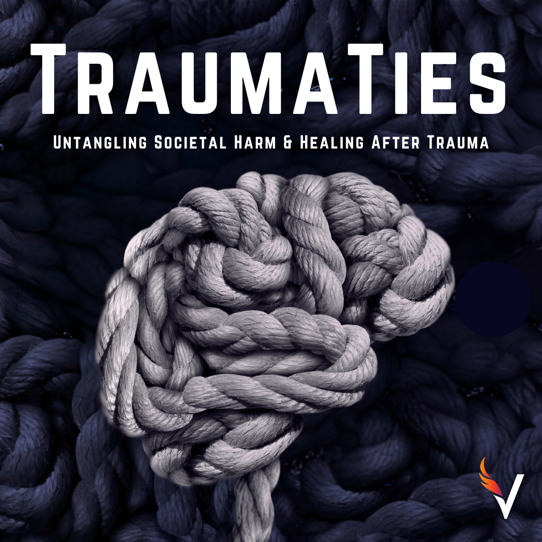 A tangled gray rope knot on a background of dark navy blue ropes with the title 'Traumas' and subtitle 'Untangling Societal Harm & Healing After Trauma'.