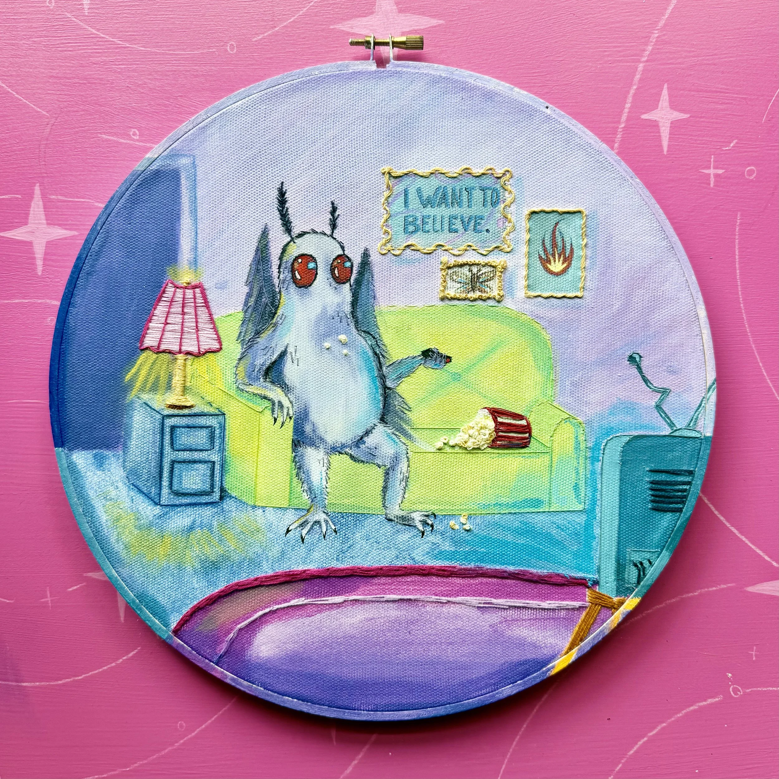 Hand embroidery and acrylic painted Mothman watching TV
