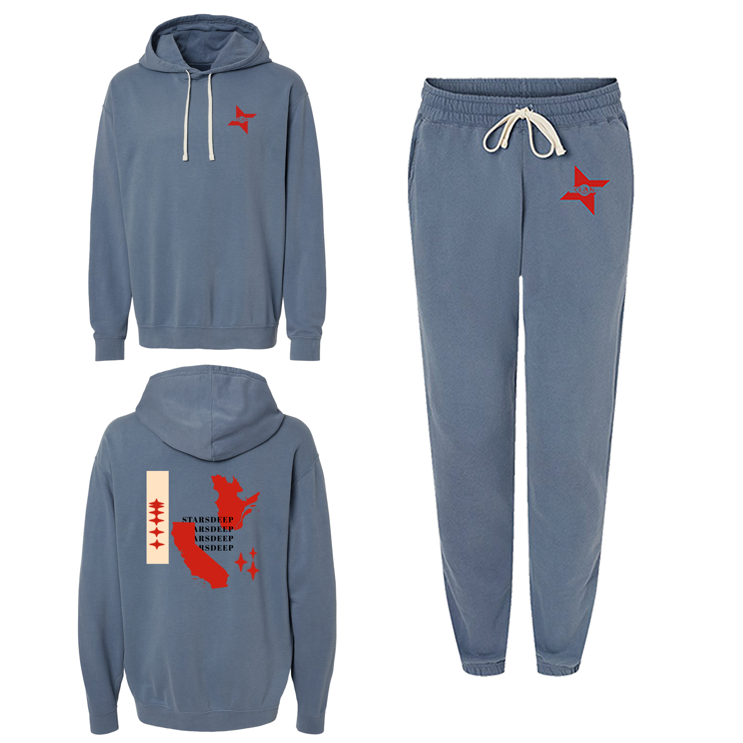 Blue hoodie and sweatpants set featuring red and black graphic designs, with front and back views of the hoodie and pants