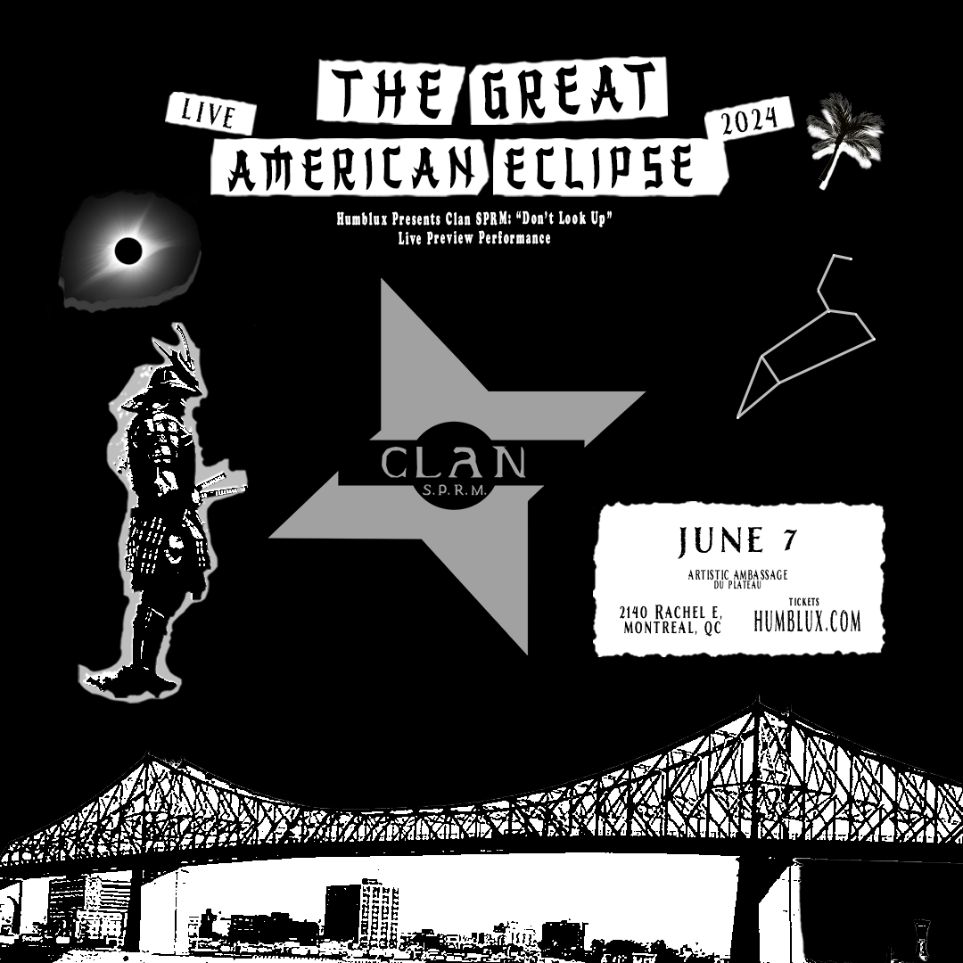 Black and white poster advertising a live event called 'The Great American Eclipse' on June 7, with artwork including a solar eclipse, a moon, a palm tree, and a bridge, and details about an artistic performance in Montreal, Quebec.