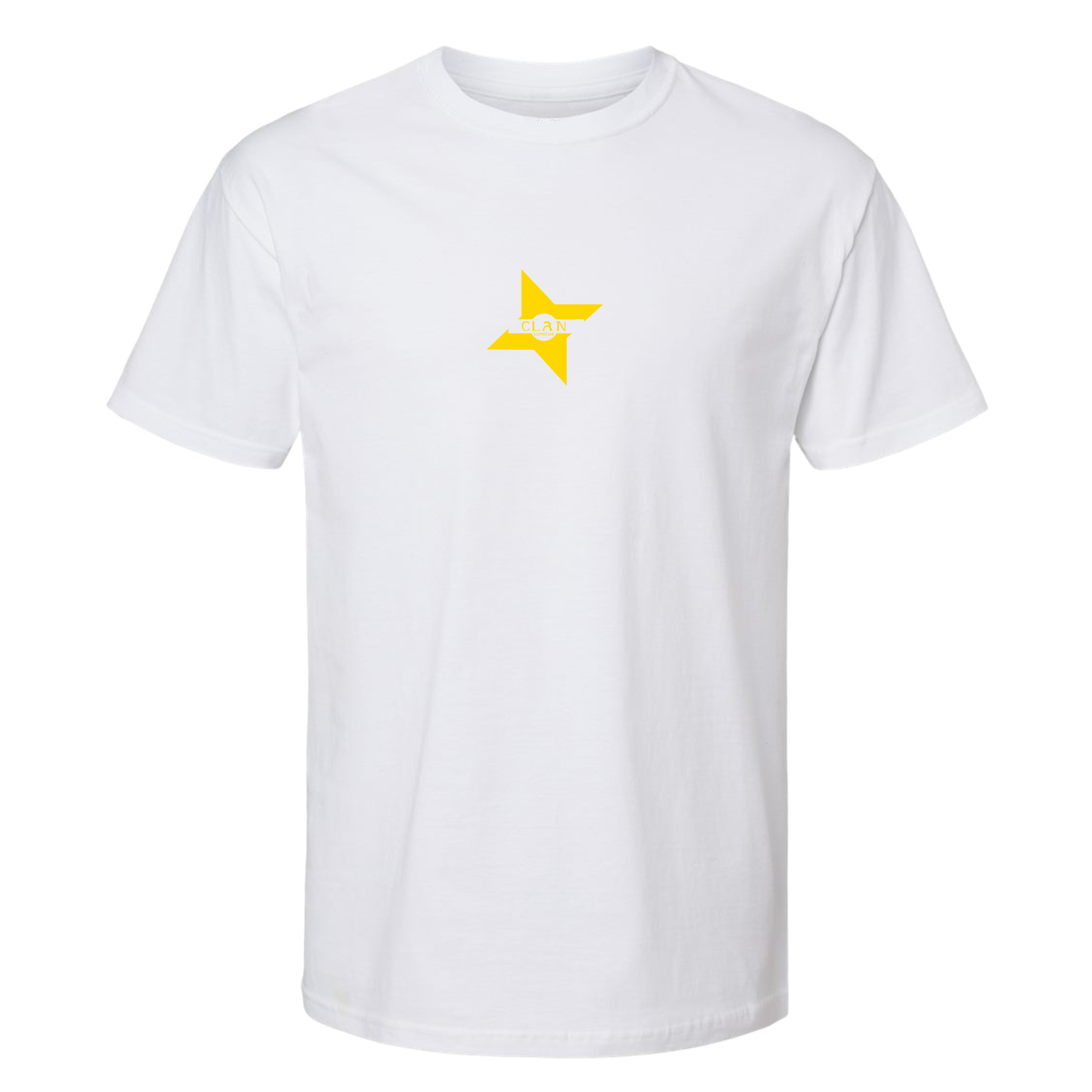 White tee Gold Clan Shiruken logo.png