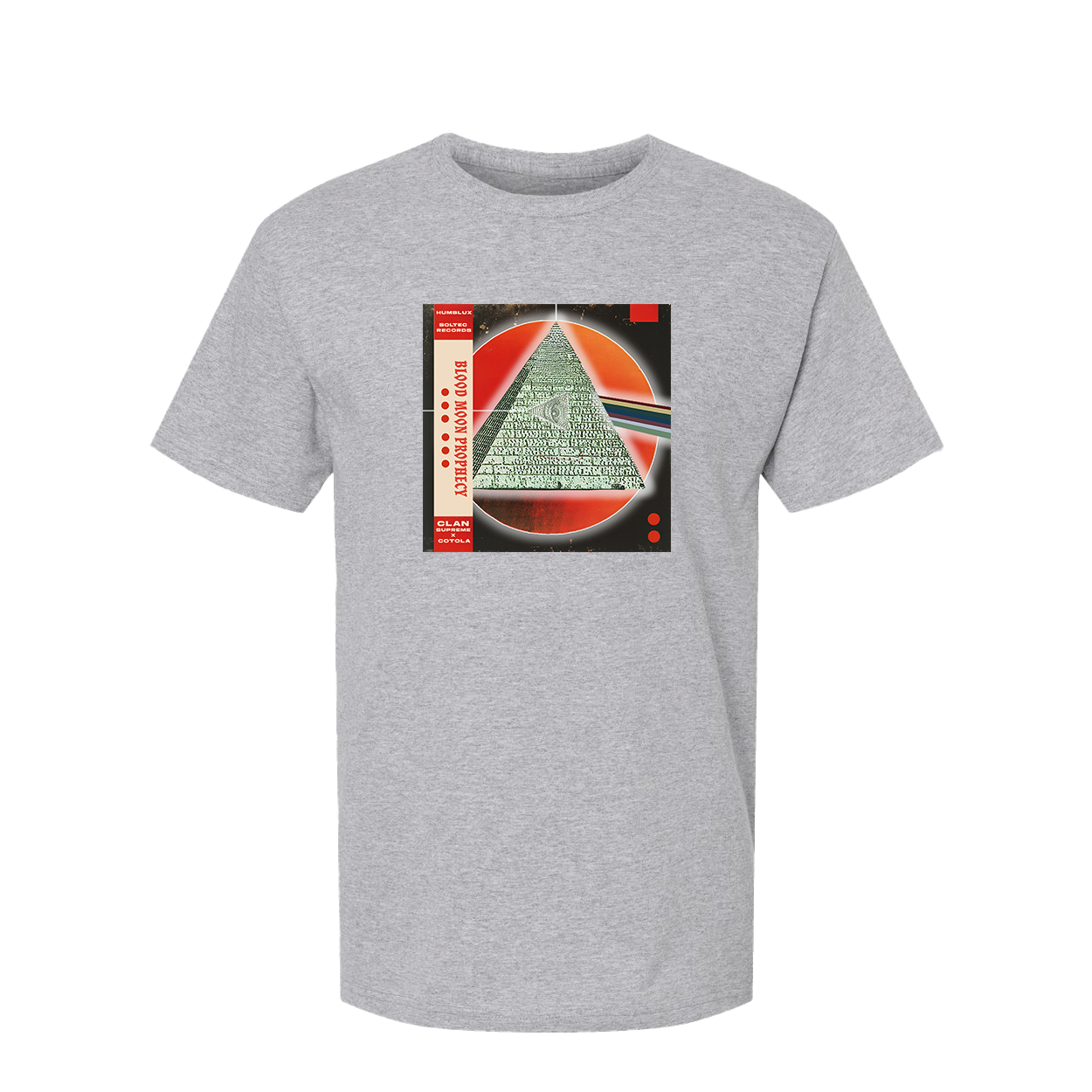 Gray T-shirt featuring a graphic with a pyramid and a rainbow laser beam, with text 'Blood Moon Project' and 'Clan X Cotola'