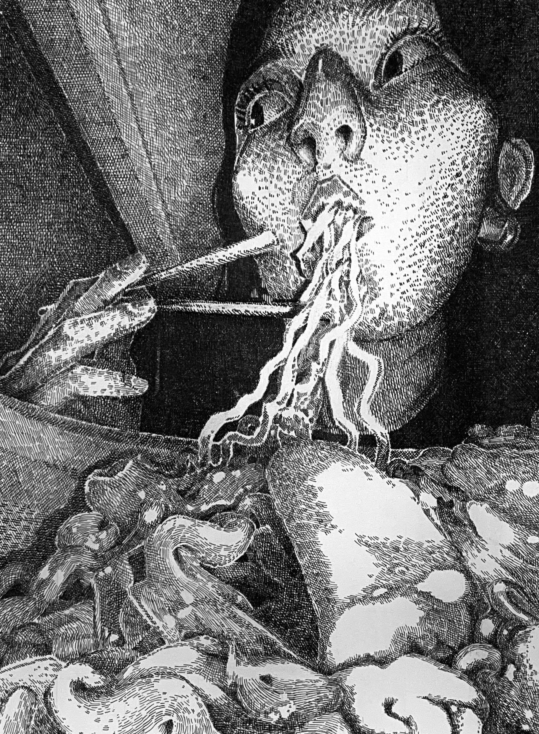 'Eating Ramen' black ink on Bristol board