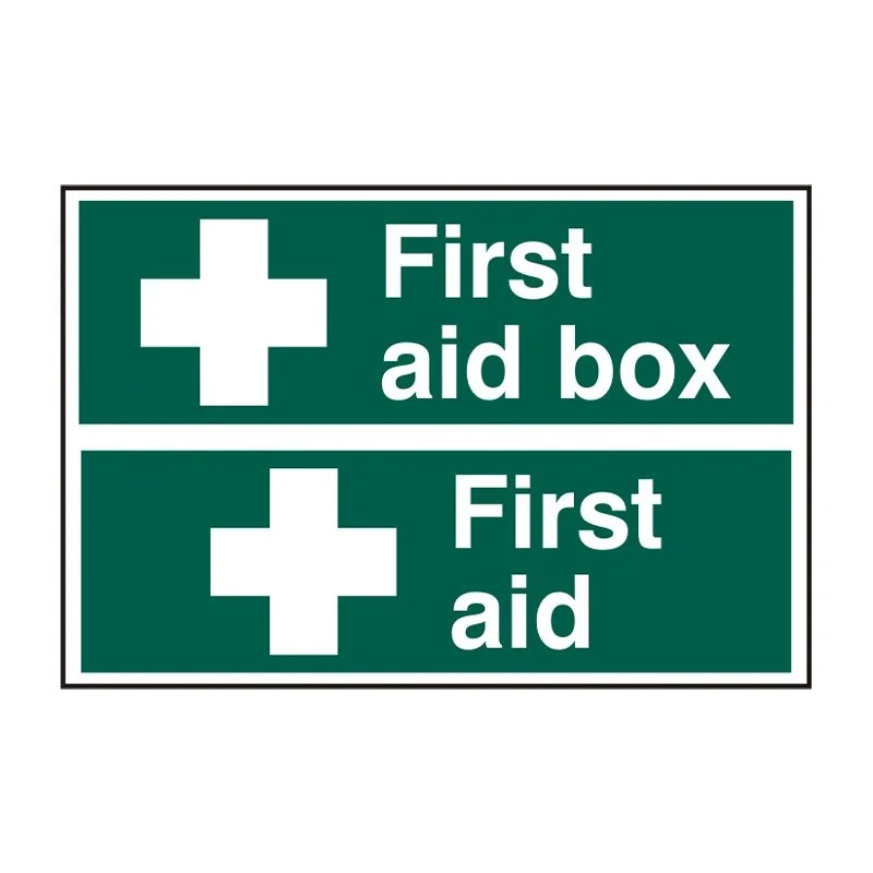 A green emergency exit sign with two white medical crosses and texts 'First aid box' and 'First aid'.